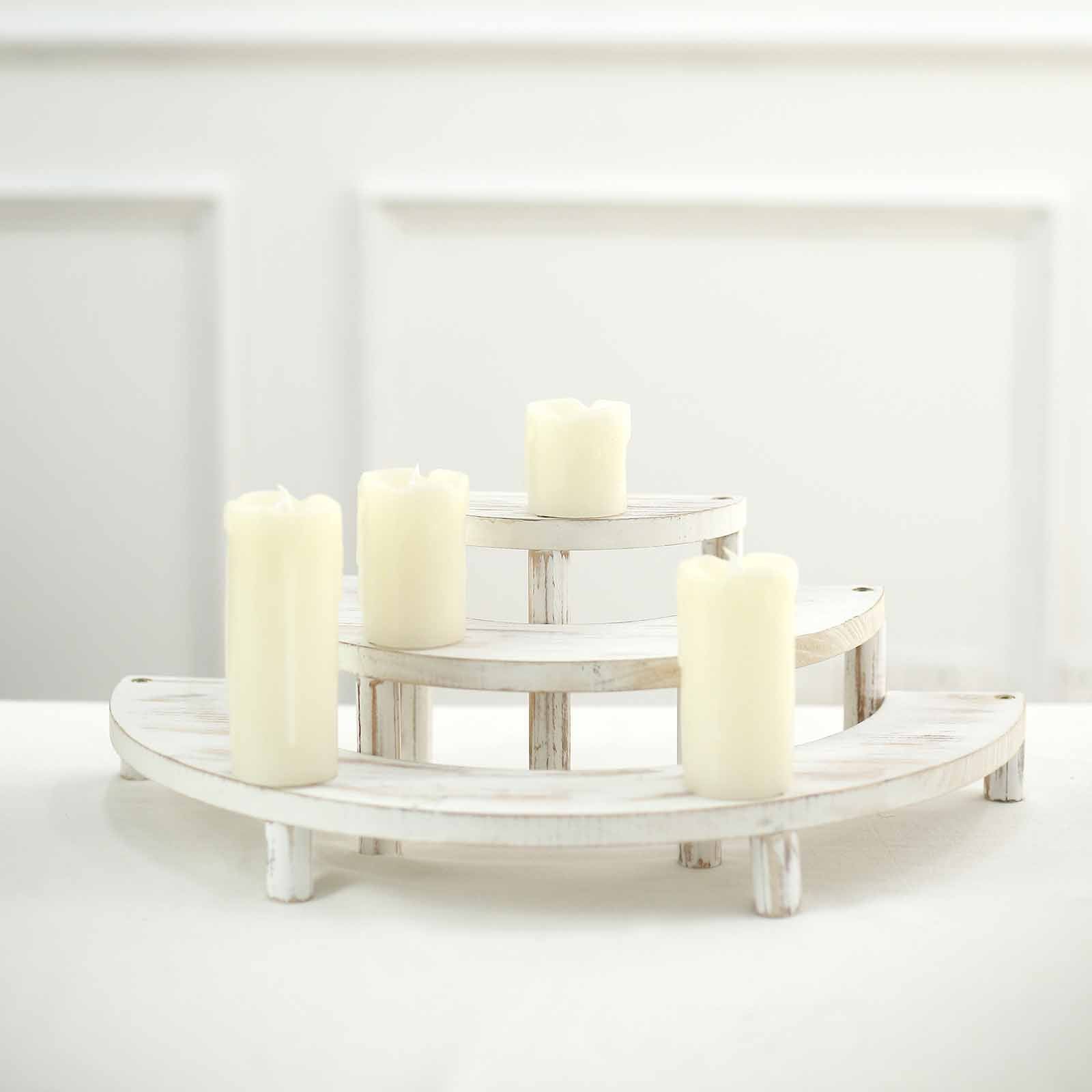 Set of 3 Wooden Dessert Pedestals Rustic Whitewashed 3-Tier Semicircle Design - Half Moon Cupcake Display Risers 7", 13", 18"