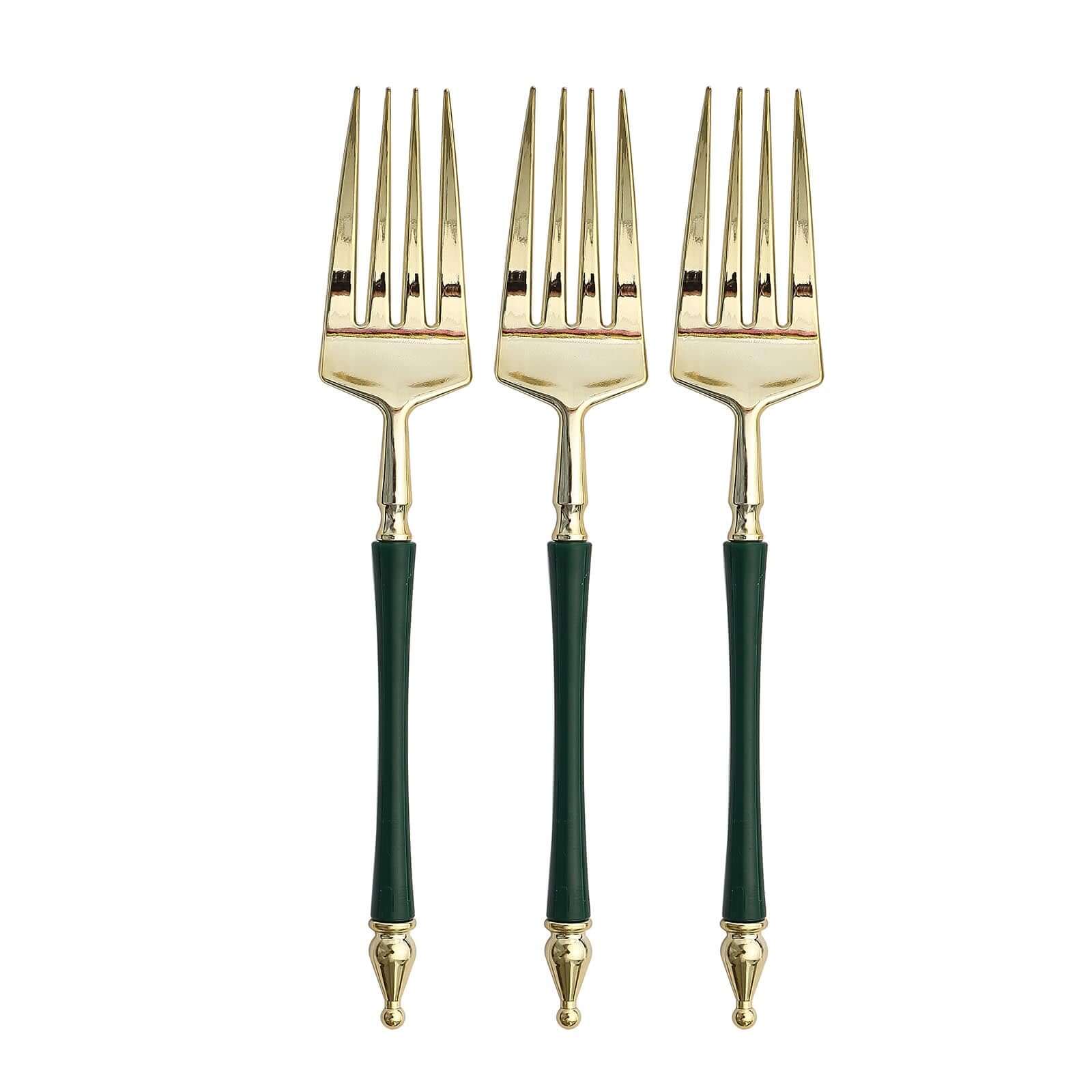 24 Pack 6" Gold Hunter Emerald Green Plastic Dessert Forks With Roman Column Handle, European Style Disposable Utensils