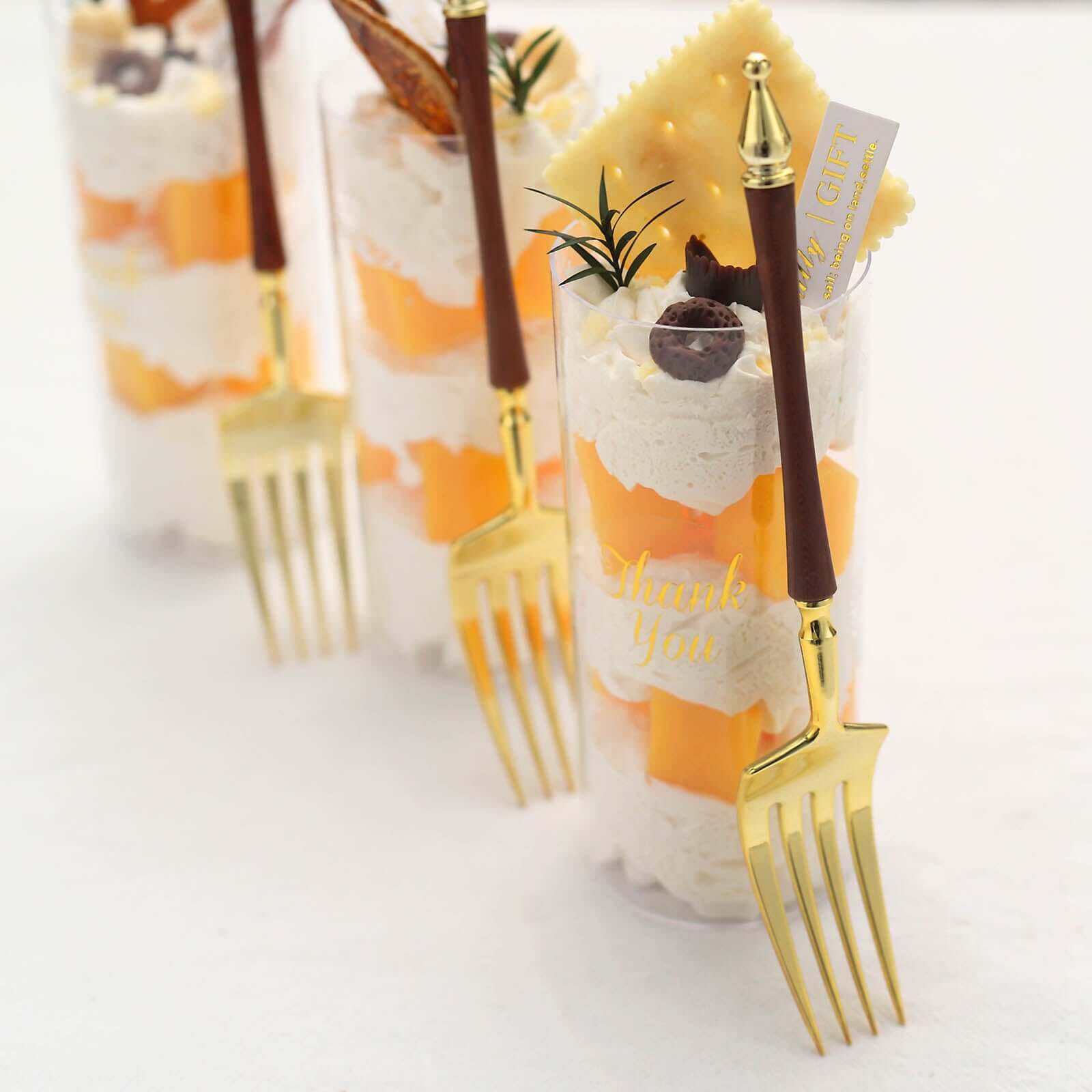 24-Pack Plastic Dessert Forks with Roman Column Handle Gold/Brown - European Style Disposable Utensils 6"