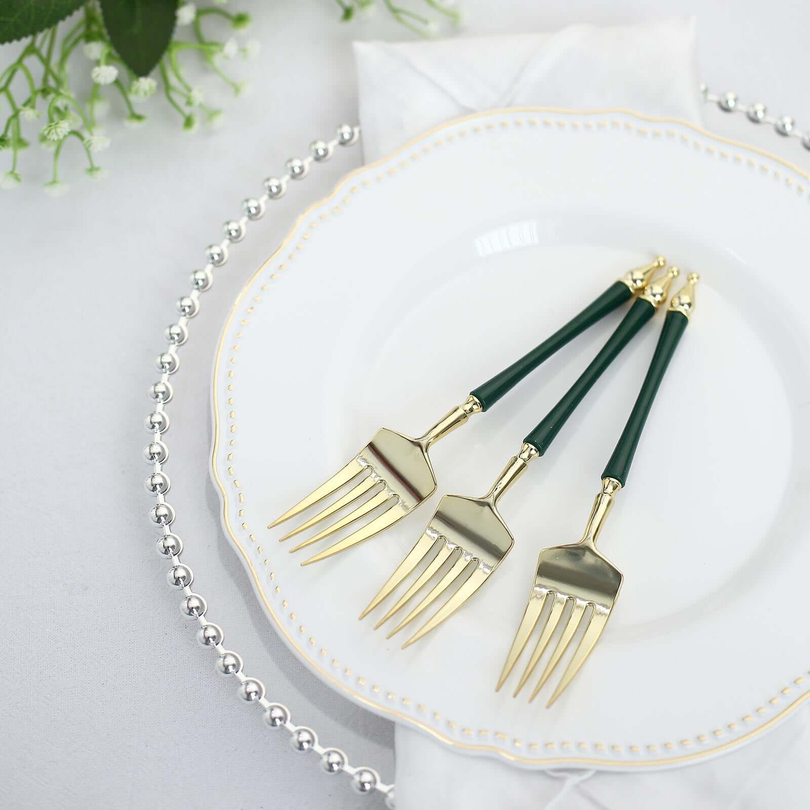 24 Pack 6" Gold Hunter Emerald Green Plastic Dessert Forks With Roman Column Handle, European Style Disposable Utensils
