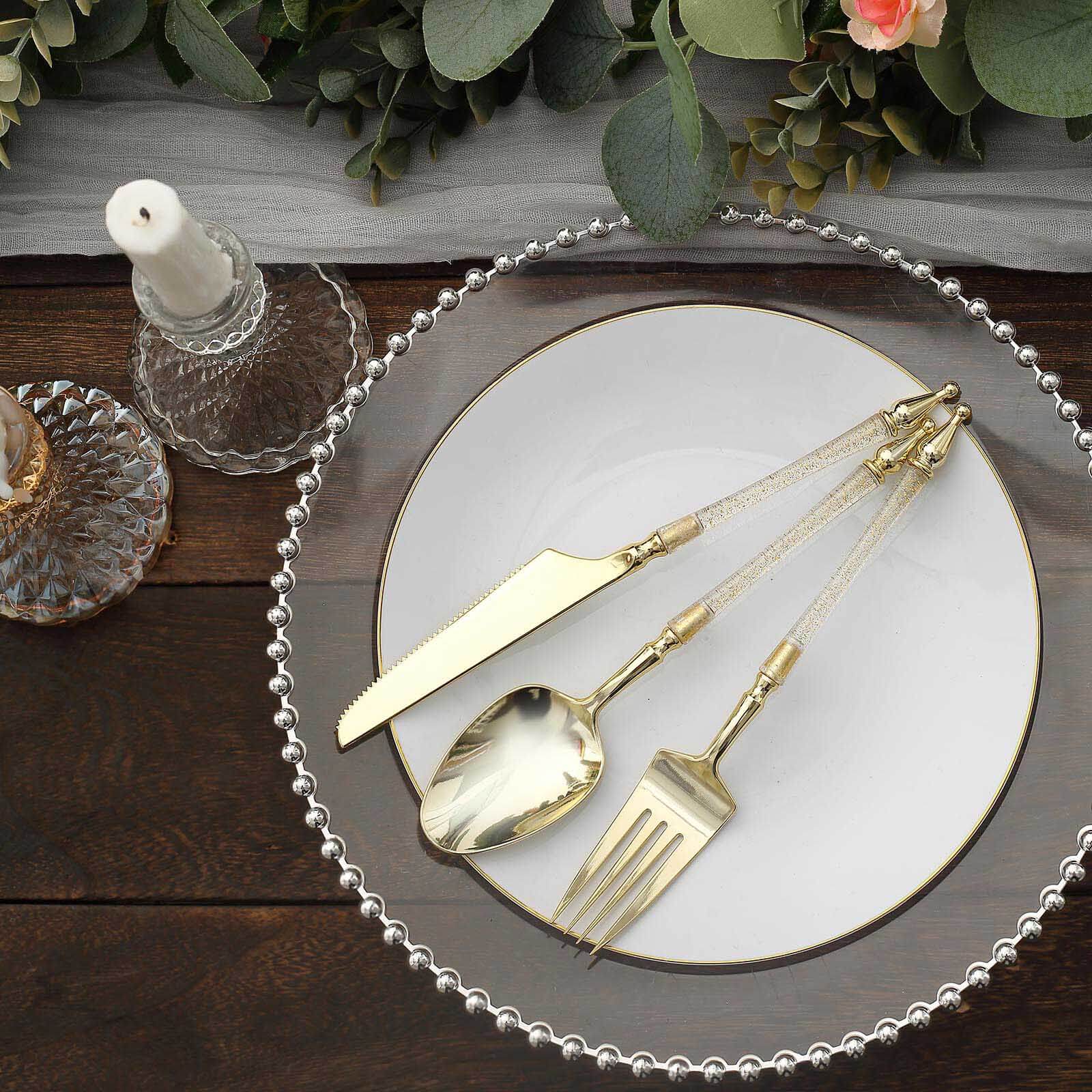 24-Pack Plastic Utensil Set with Roman Column Handle Gold/Clear - Glittered Disposable Silverware