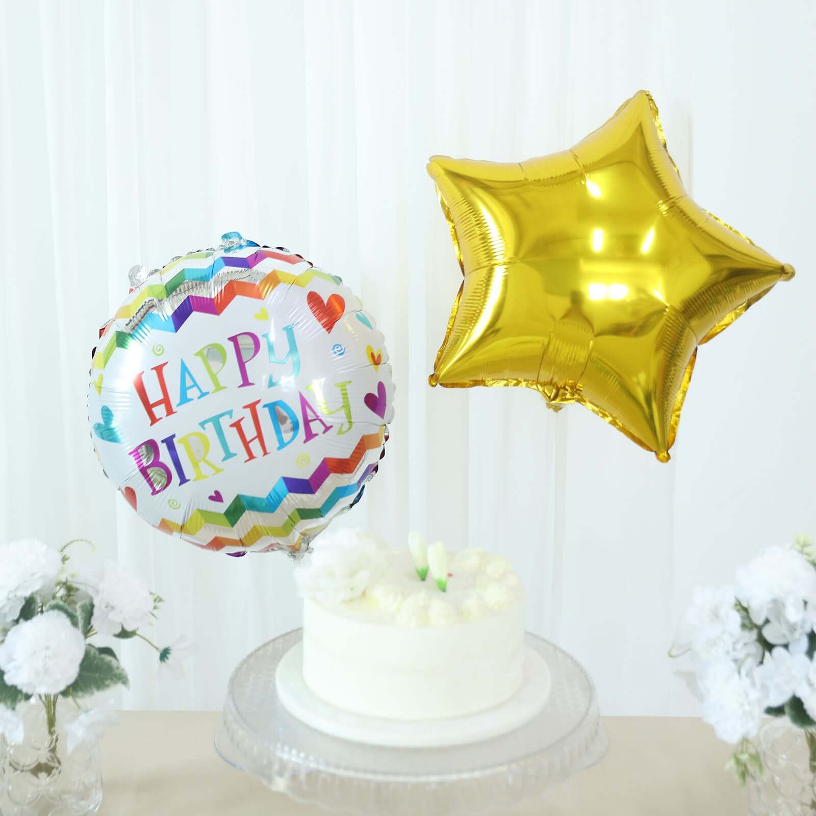 Set of 5 Colorful Happy Birthday Cake Mylar Foil Balloon Set, Round and Gold Star Balloon Bouquet With Ribbon, Birthday Party Decorations