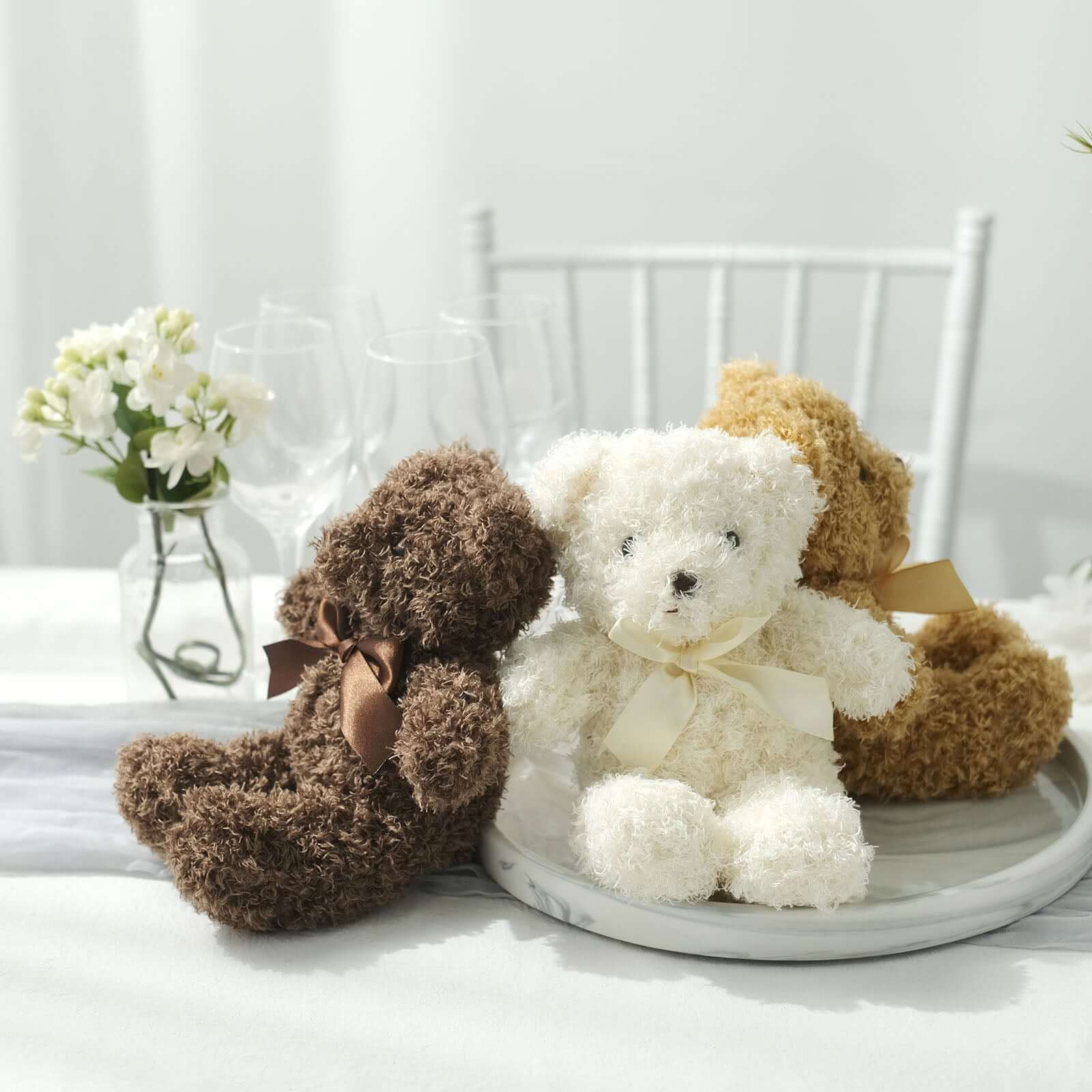Set of 3 7" Cute Plush Stuffed Teddy Bears Party Favors Centerpiece Decor, Soft Toy Animals Party Decorations - Dark Brown,Ivory,Natural