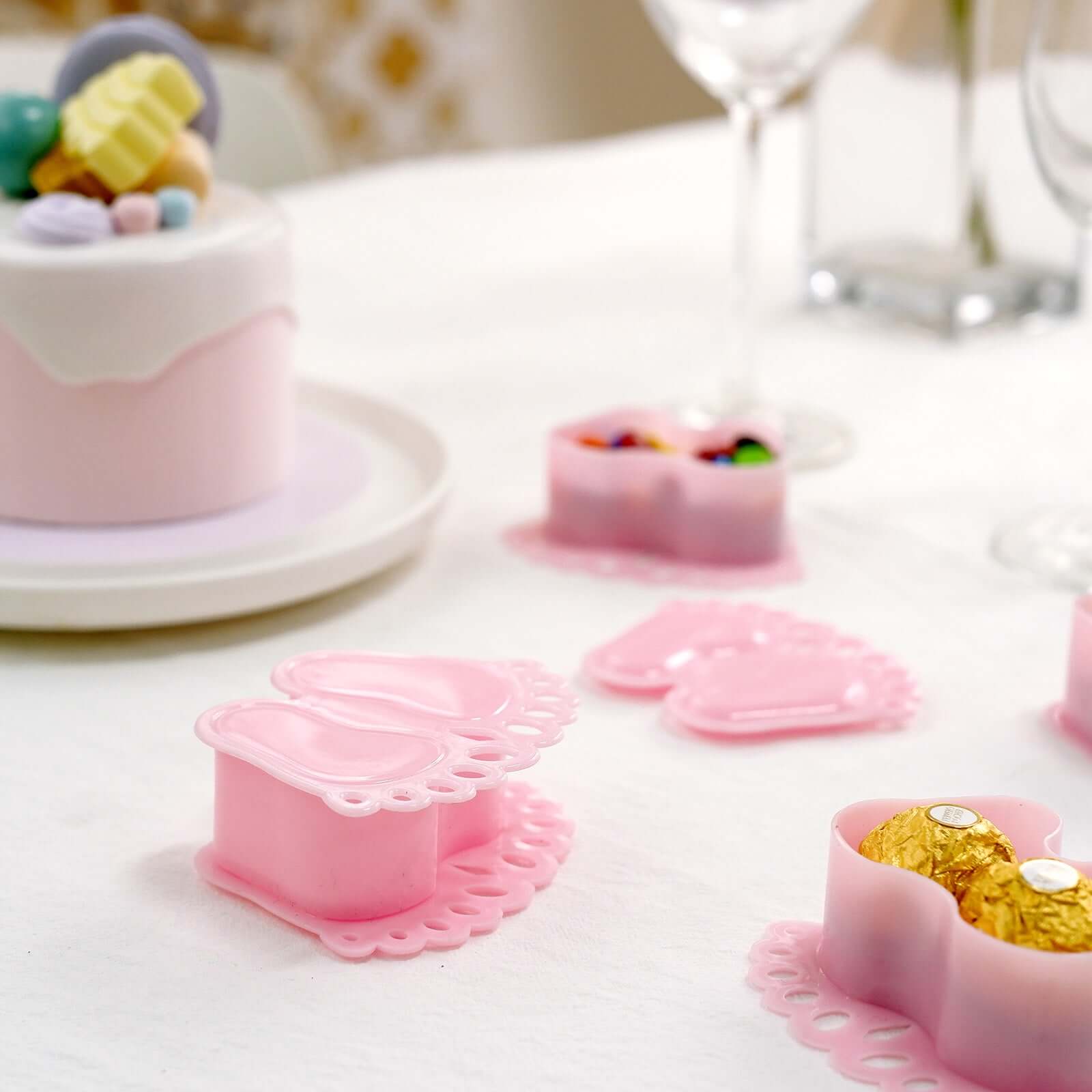 12-Pack Fillable Mini Candy Container in Baby Feet Style Clear/Pink - Unique Candy Treat Favor Boxes for Baby Shower 3.5"