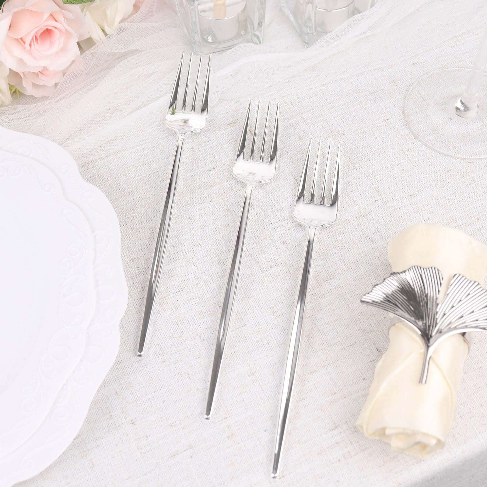 24 Pack 8" Glossy Silver Heavy Duty Plastic Silverware Forks, Shiny Cutlery, Premium Disposable Flatware