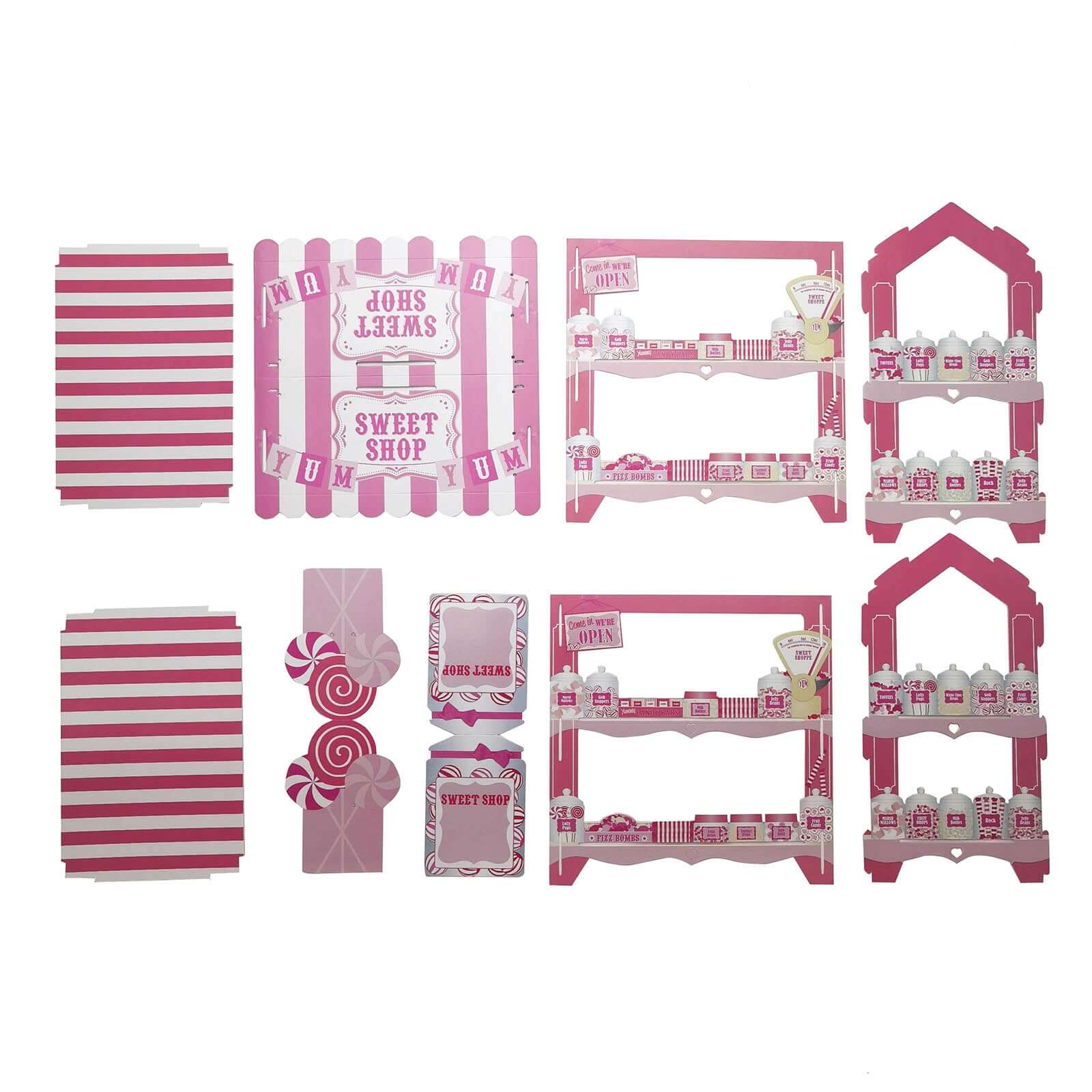 2-Tier Cardboard Cupcake Stand with White/Pink Sweet Shop Design - Colorful Candy Themed Dessert Cart Display for Pastries & Treats 18"