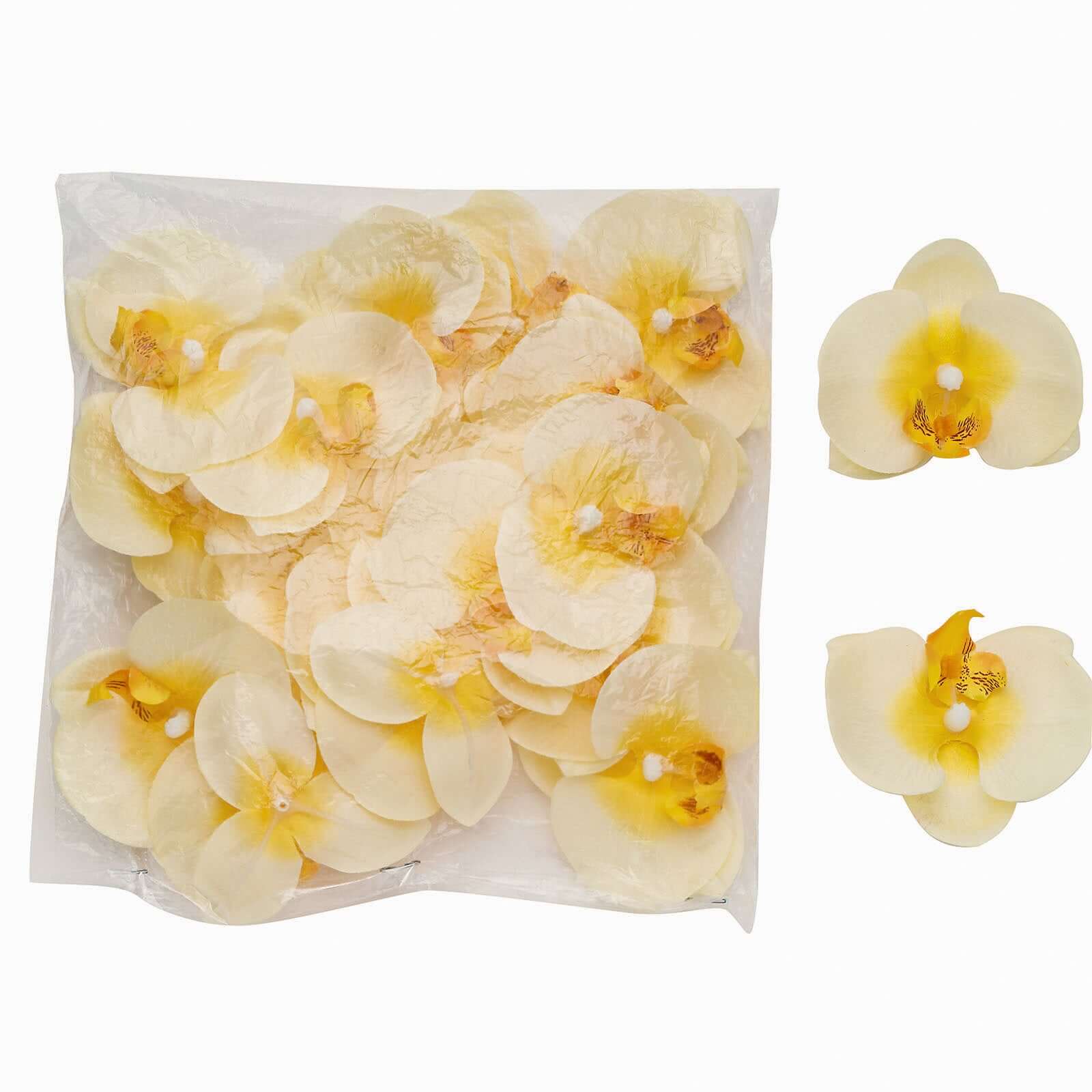20 Silk Artificial Orchids Flower Heads Yellow - Versatile Floral Accents for DIY Floral Arrangements Corsages & Event Decor 4"