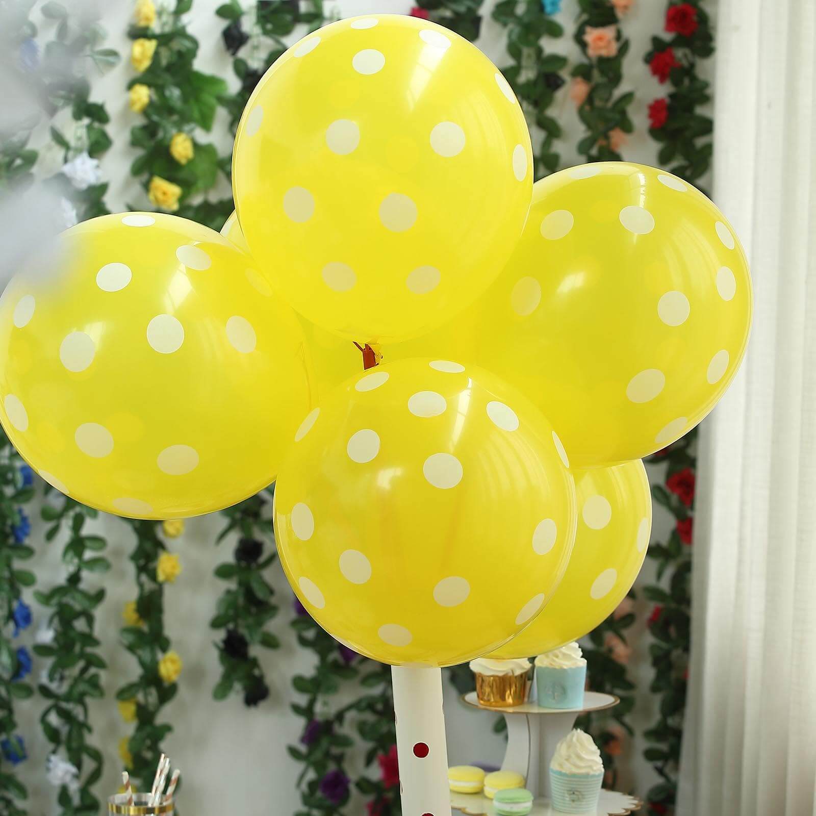25 Pack 12" Yellow and White Fun Polka Dot Latex Party Balloons