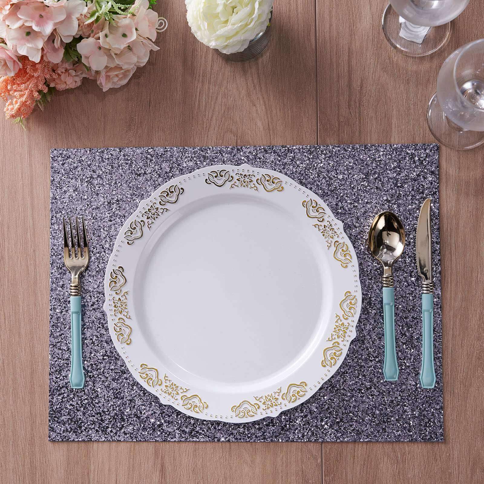 6-Pack Placemats Glitter Design Charcoal Gray Sparkle Rectangle - Non-Slip Decorative Dining Table Mats 12"x18"