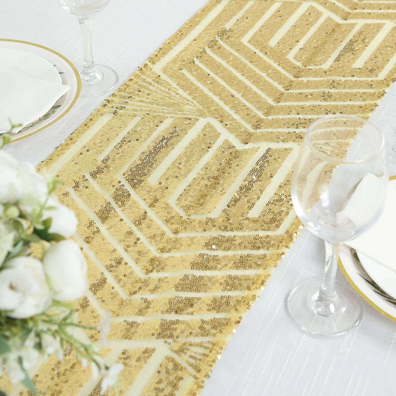 Sequin 12"x108" Table Runner Gold Diamond Glitz - Shimmering Event Decoration