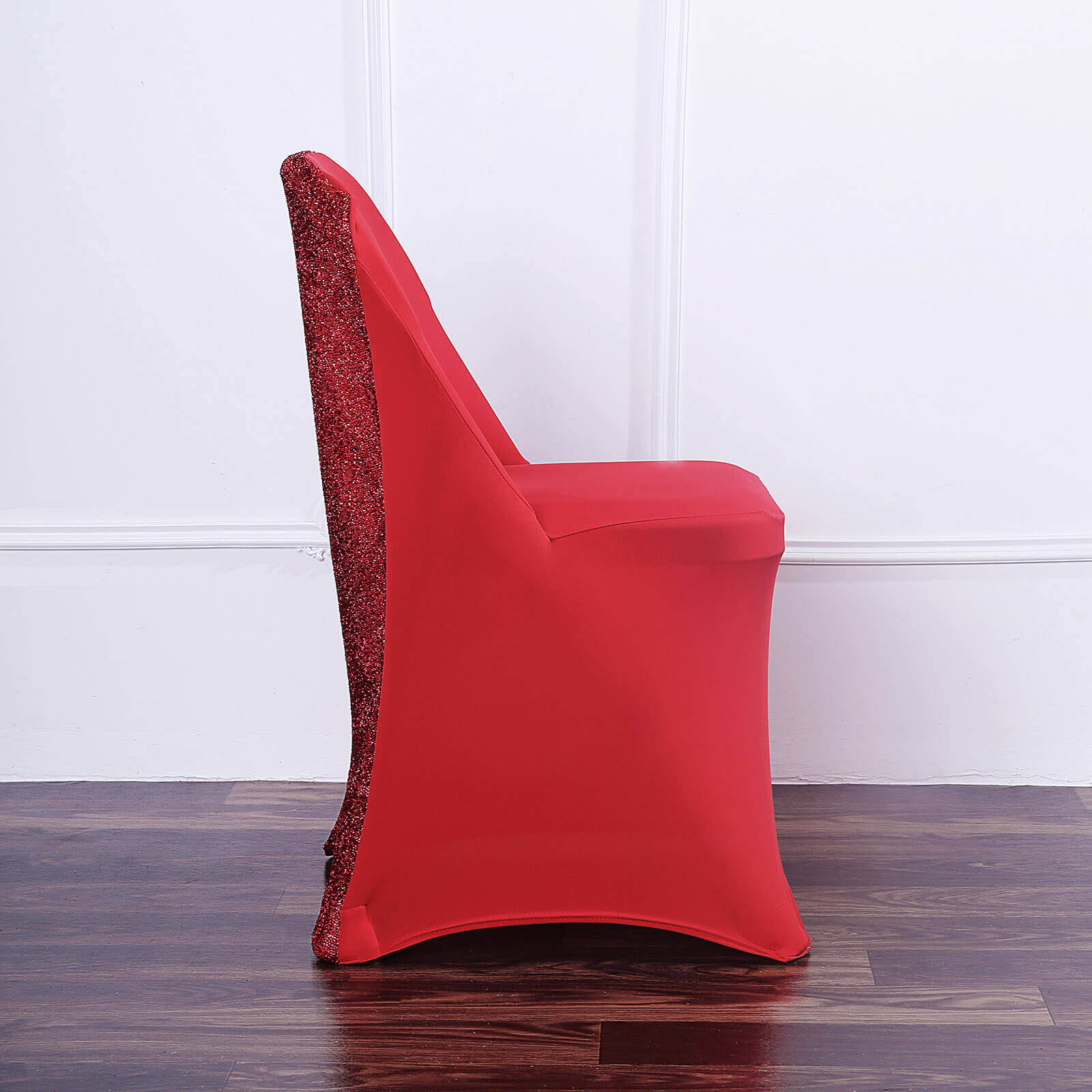 Stretch Spandex Chair Cover Red for Folding Chairs - Metallic Shimmer Tinsel Back Design Fitted Slipcover