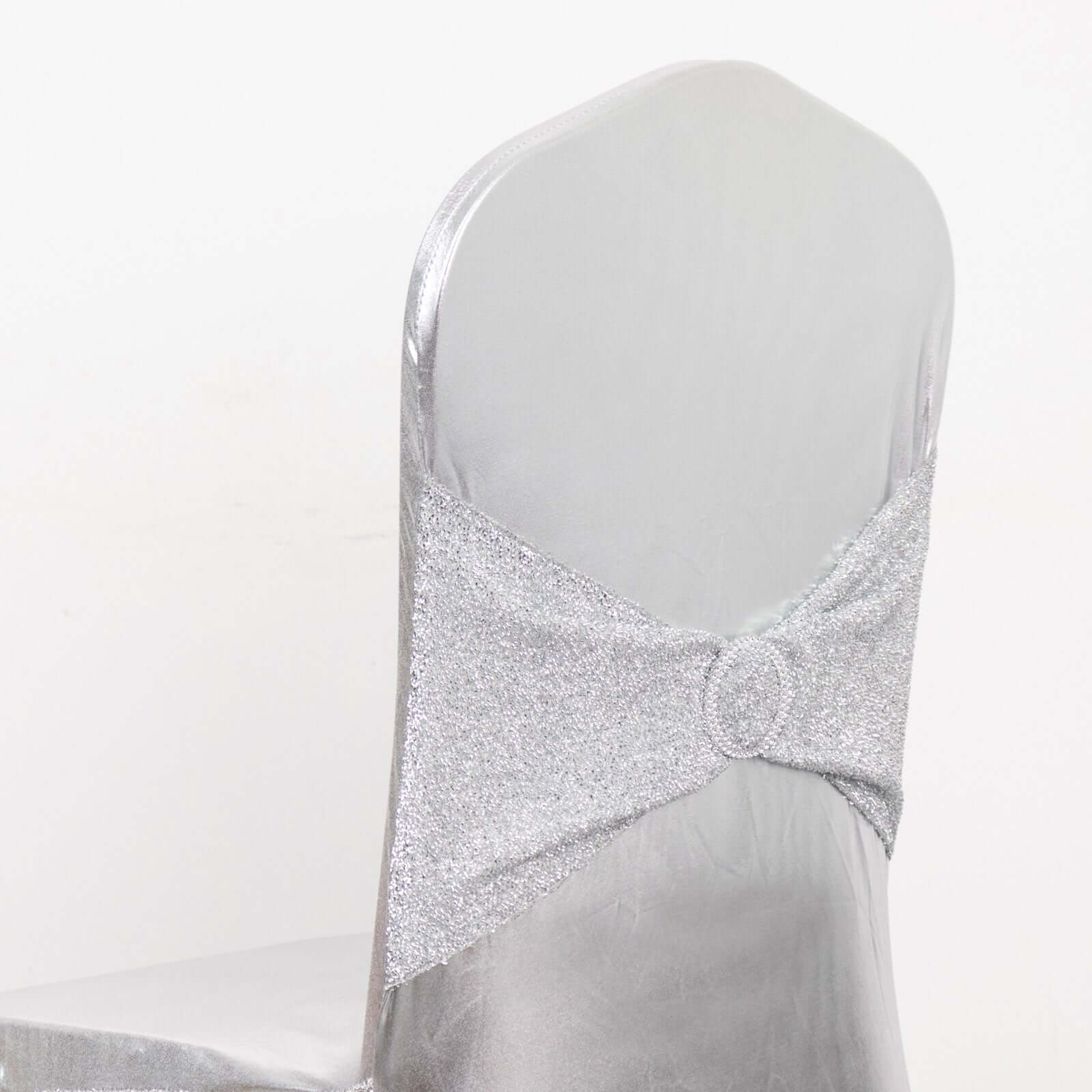Spandex Banquet Chair Cover Metallic Silver Tinsel with Sash and Rhinestone Buckle - Shimmering Fitted Slipcover