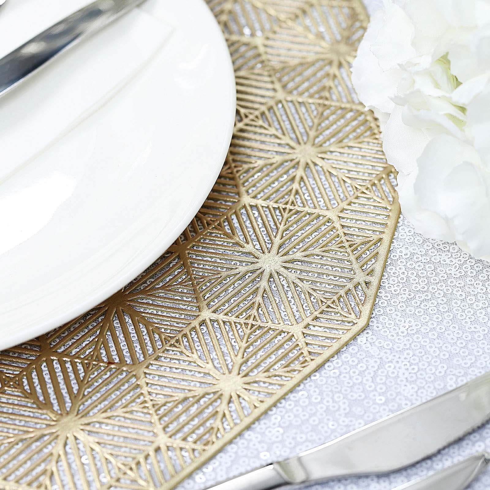 6-Pack Dining Table Mats Geometric Woven Design Gold - Vinyl Non-Slip Surface for Modern Table Settings 15"