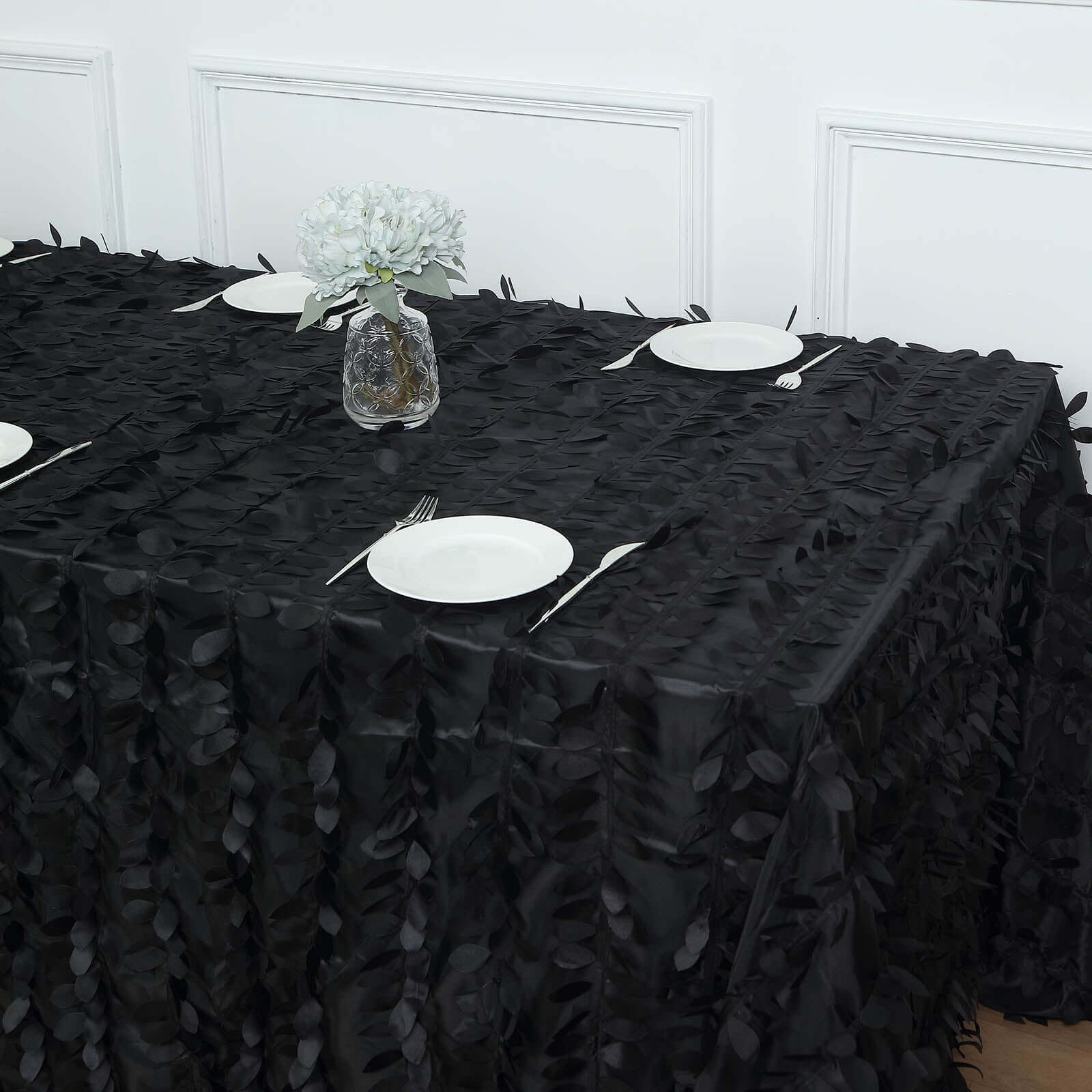 Taffeta 90"x156" Rectangle Tablecloth Black | 3D Leaf Petal Design Seamless Table Cover