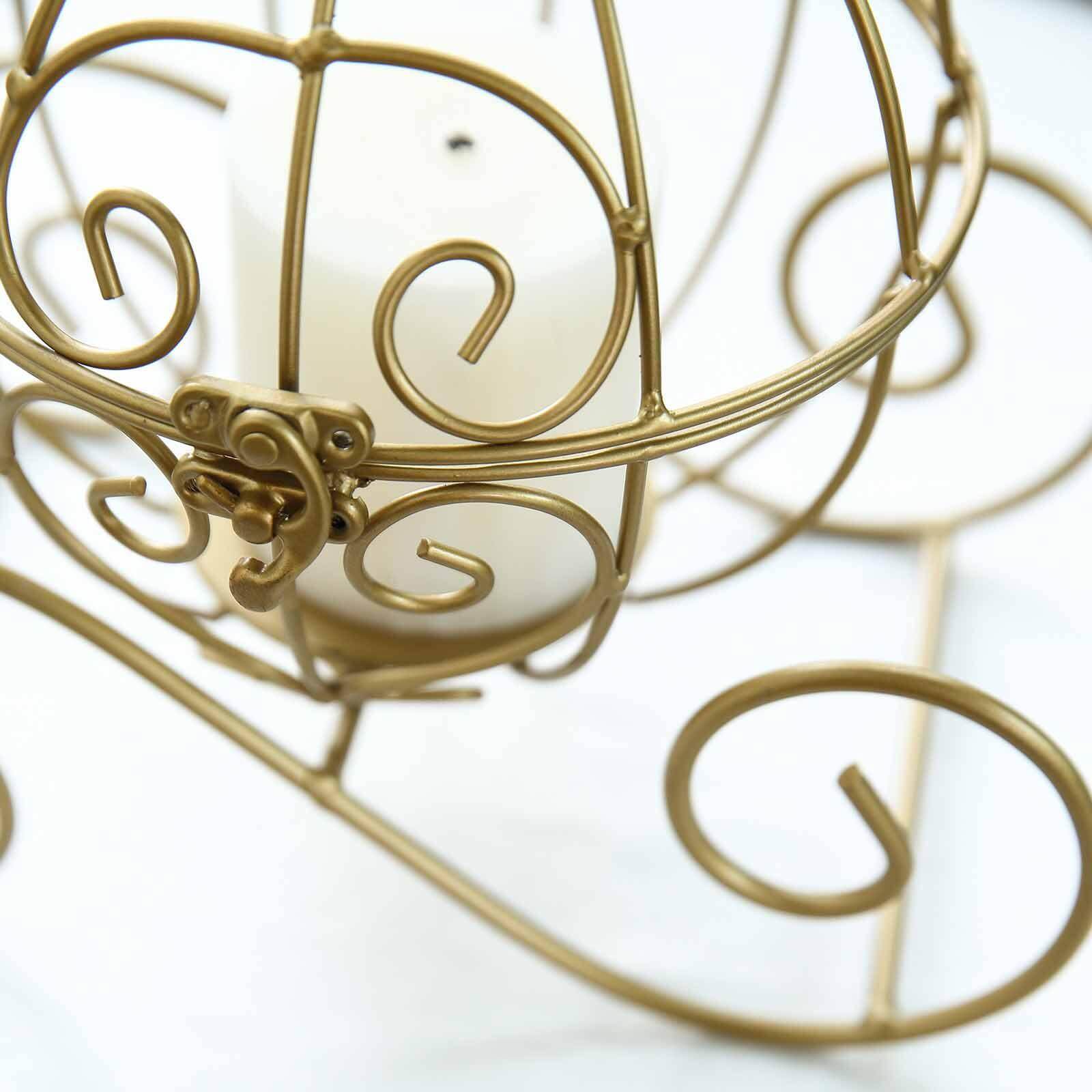 Candle Holder Gold Wrought Iron Cinderella Carriage Card Display - Wedding Table Accent 11"