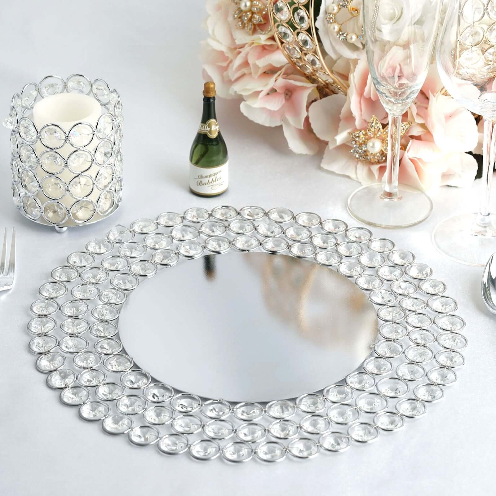 Wired Metal Round Charger Plate 14" in SIlver with Acrylic Crystal Beads, Glamorous Decorative Dinner Charger Tableware