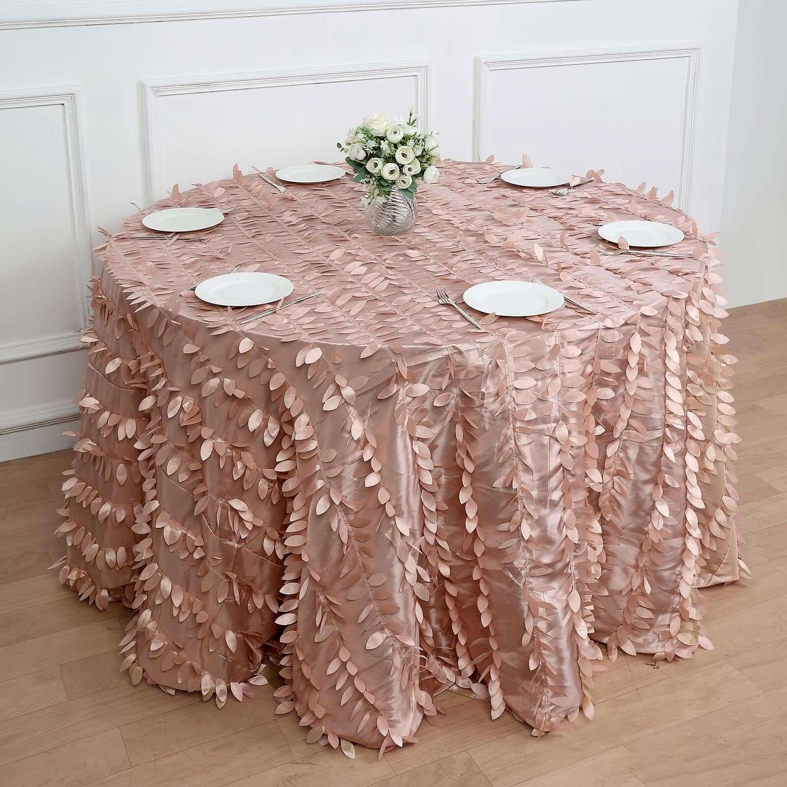 Taffeta 120" Round Tablecloth Dusty Rose | 3D Leaf Petal Design Seamless Table Cover