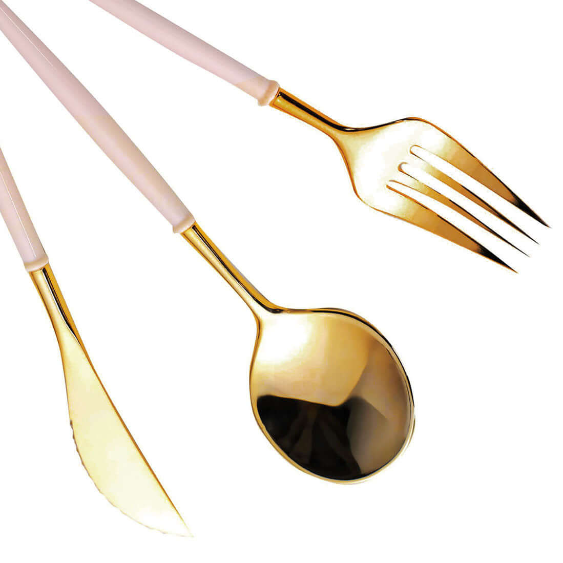 24-Pack Plastic Flatware Set in Metallic Gold with Blush Handle - Heavy Duty Disposable Modern Silverware 8"