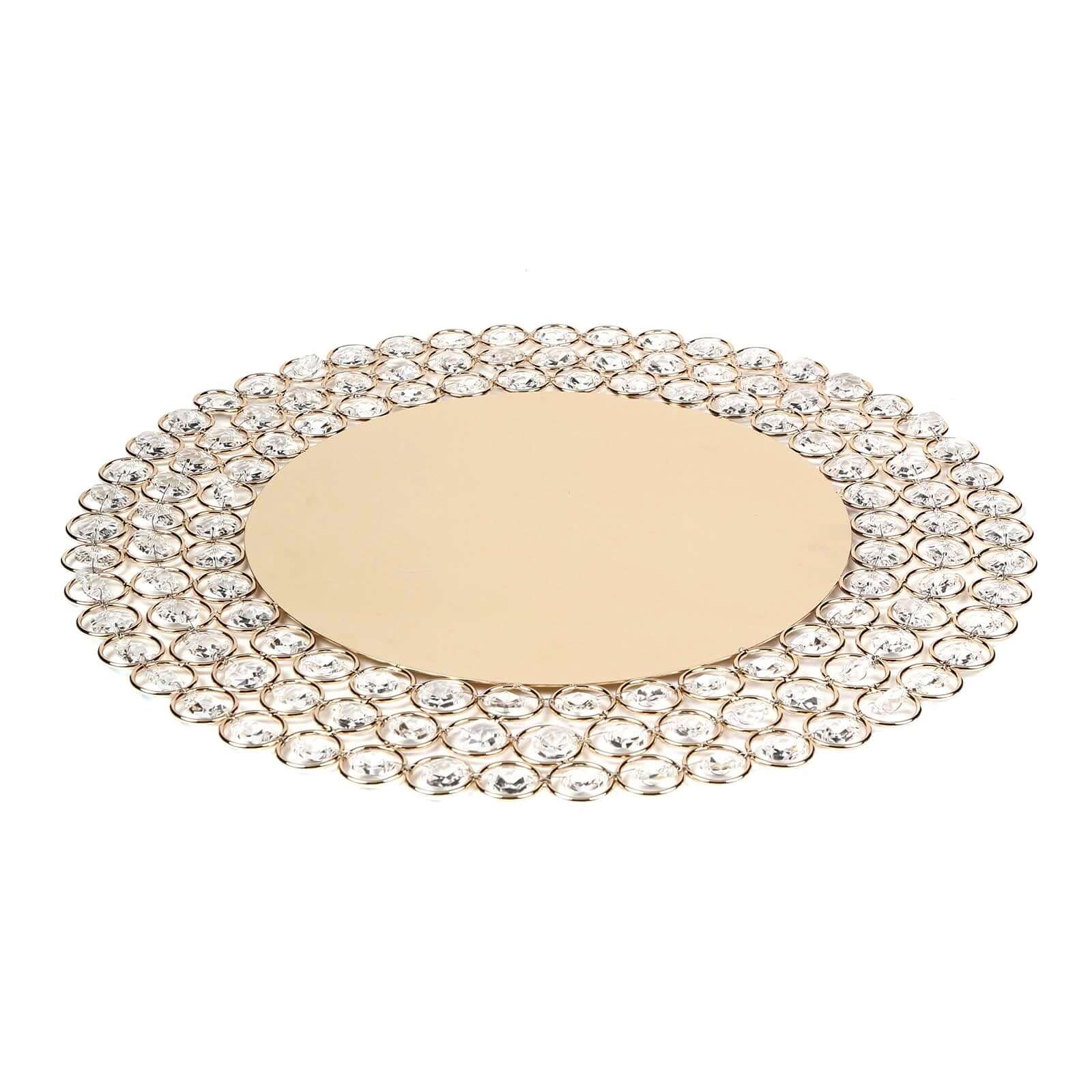 Wired Metal Round Charger Plate 14" in Gold with Acrylic Crystal Beads, Glamorous Decorative Dinner Charger Tableware