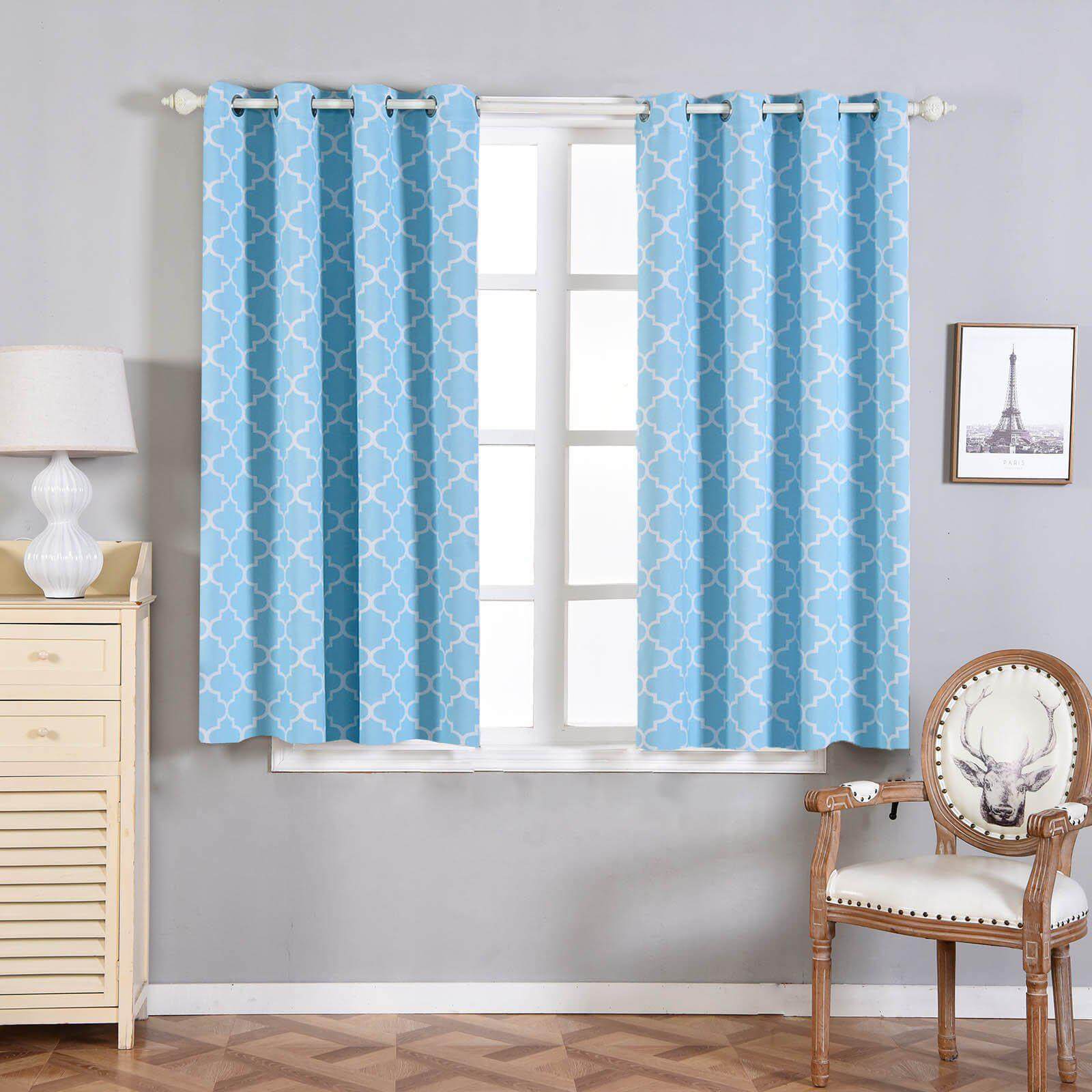 2 Pack Blue White Lattice Room Darkening Blackout Curtain Panels With Grommet, Designer Trellis Curtains 52"x64" - Clearance SALE