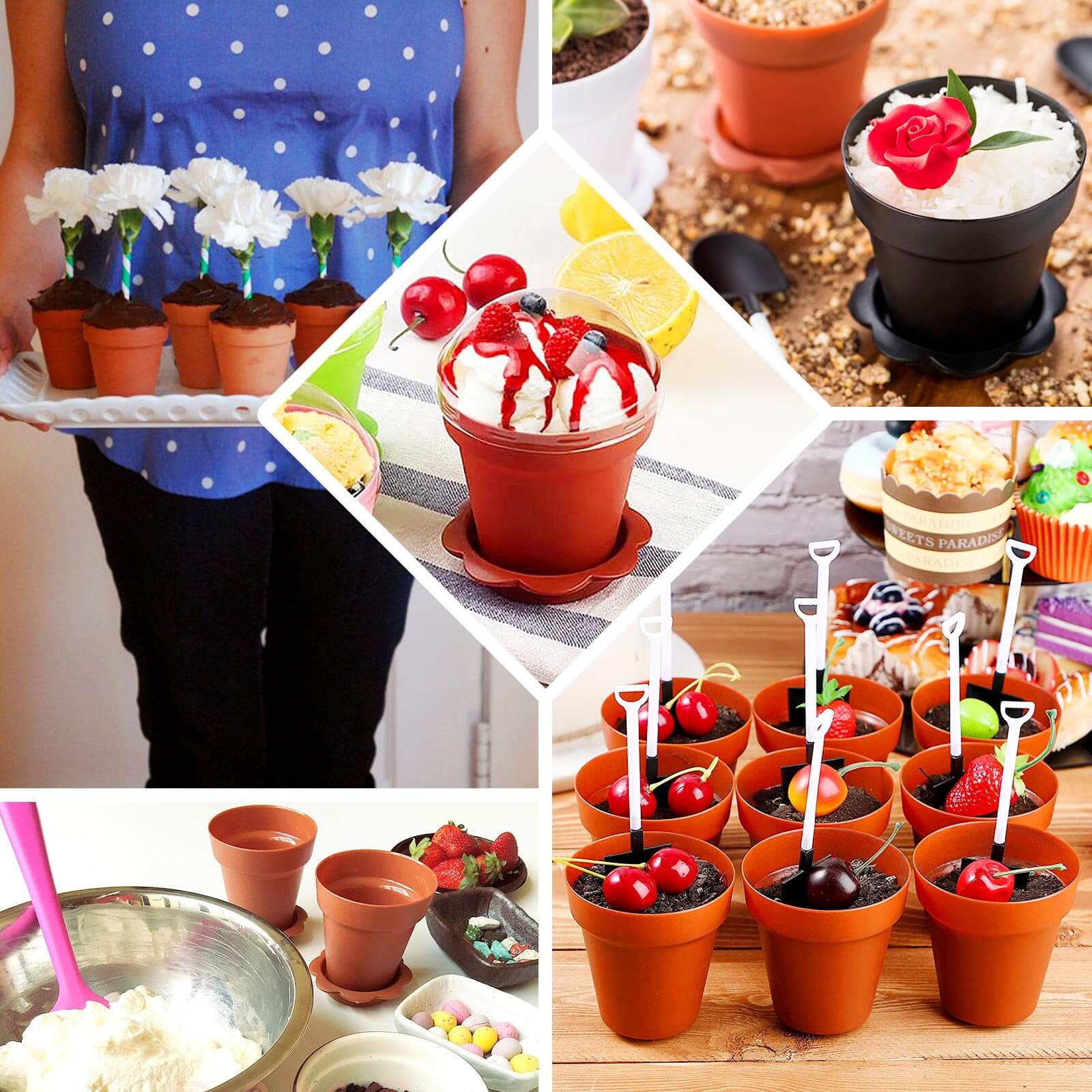 12-Pack Dessert Cups Succulent Planter Design Terracotta (Rust) - Plastic Serving Cups with Lids and Shovels 4"