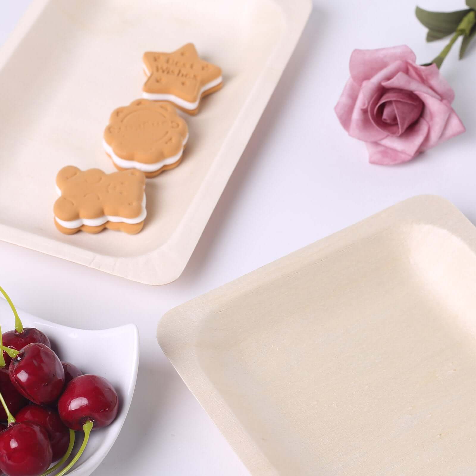 25 Pack 6" Square Eco Friendly Birchwood Wooden Dessert, Appetizer Plates