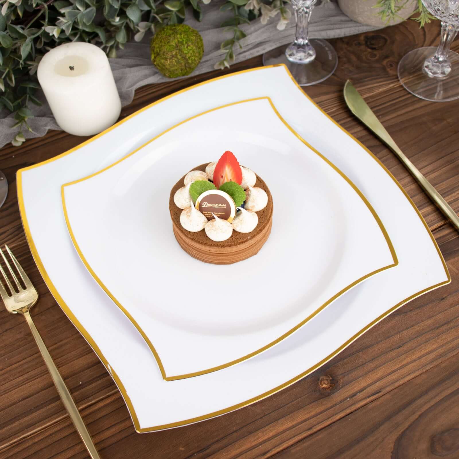 10-Pack Plastic 8" Square Dessert Plates in White with Gold Wavy Rim Modern - Disposable Salad Appetizer Party Plates for Luxe Events & Banquets