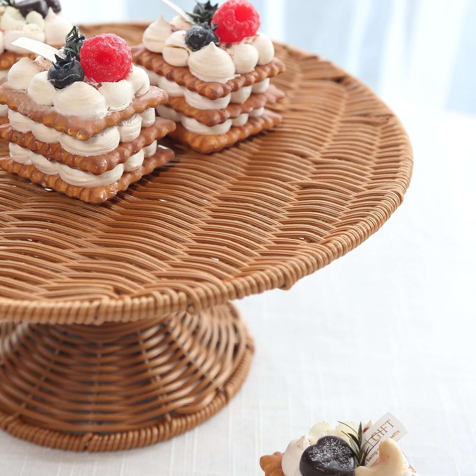 Plastic Round Rattan Wicker Pedestal Cake Stand Natural - Reusable Rustic Cupcake Holder Dessert Table Display Centerpiece for Home Parties & Events 12"