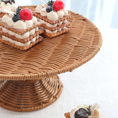 Plastic Round Rattan Wicker Pedestal Cake Stand Natural - Reusable Rustic Cupcake Holder Dessert Table Display Centerpiece for Home Parties & Events 12"
