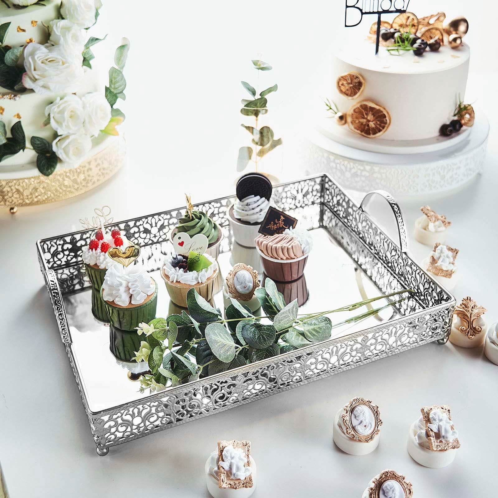 Metal Mirrored Rectangle Serving Tray 16"x12" in Silver Fleur De Lis Design with Handles, French Inspired Decorative Vanity Tray Centerpiece