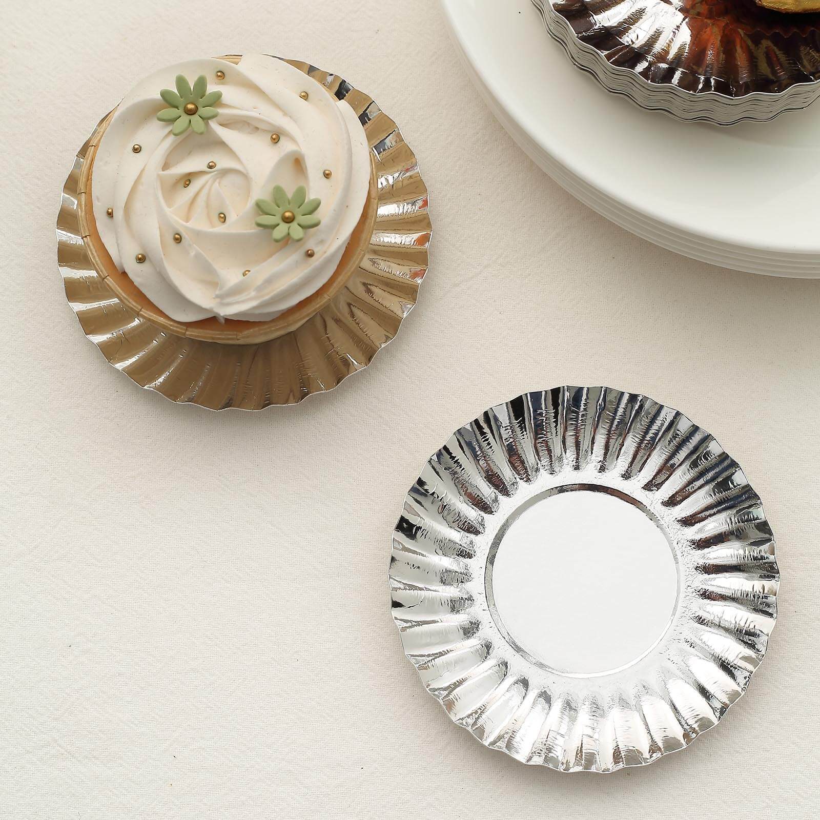 50-Pack Paper 3.5" Round Party Plates in Metallic Silver with Scalloped Rim - Disposable Mini 250GSM Dessert Plates for Tapas, Appetizers & Finger Foods