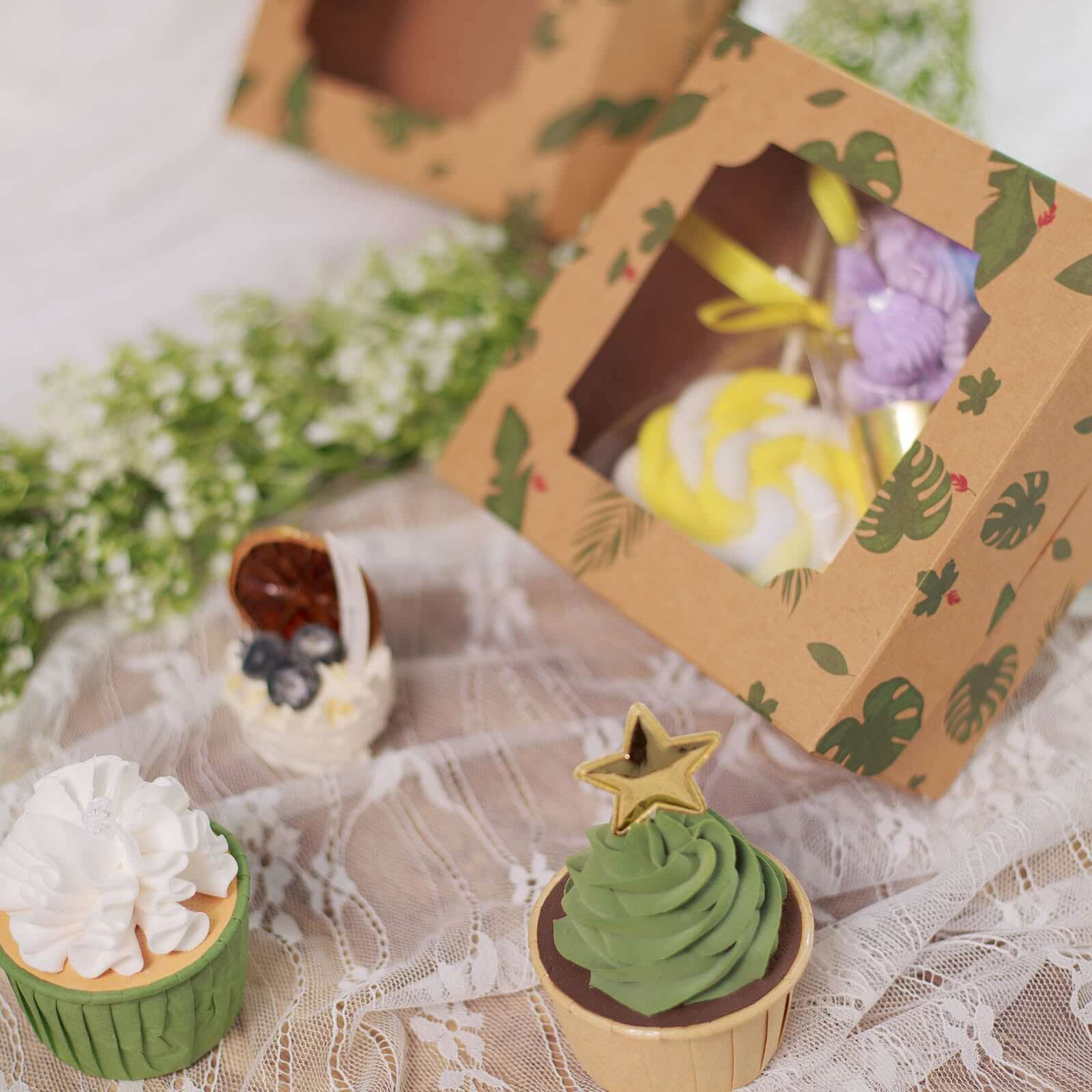 12-Pack Cardstock Cookie Boxes with Display Window - Tropical Leaf Design Disposable Treat Bakery Boxes for Donuts Cupcakes Strawberries & Pastries 6"x6"x3"