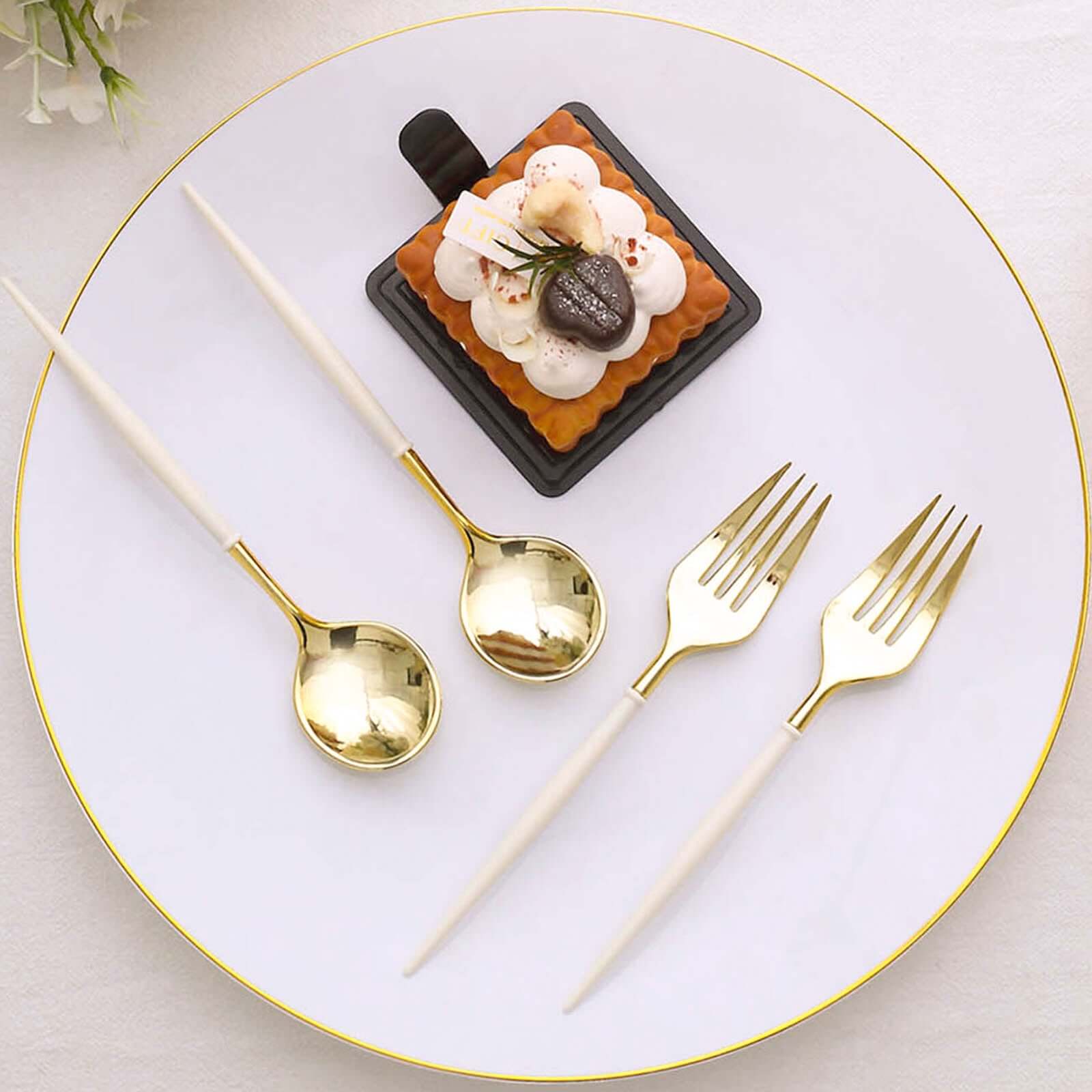 24-Pack Plastic Fork and Spoon Set Gold/Ivory - Heavy Duty Disposable Modern Utensils 6"