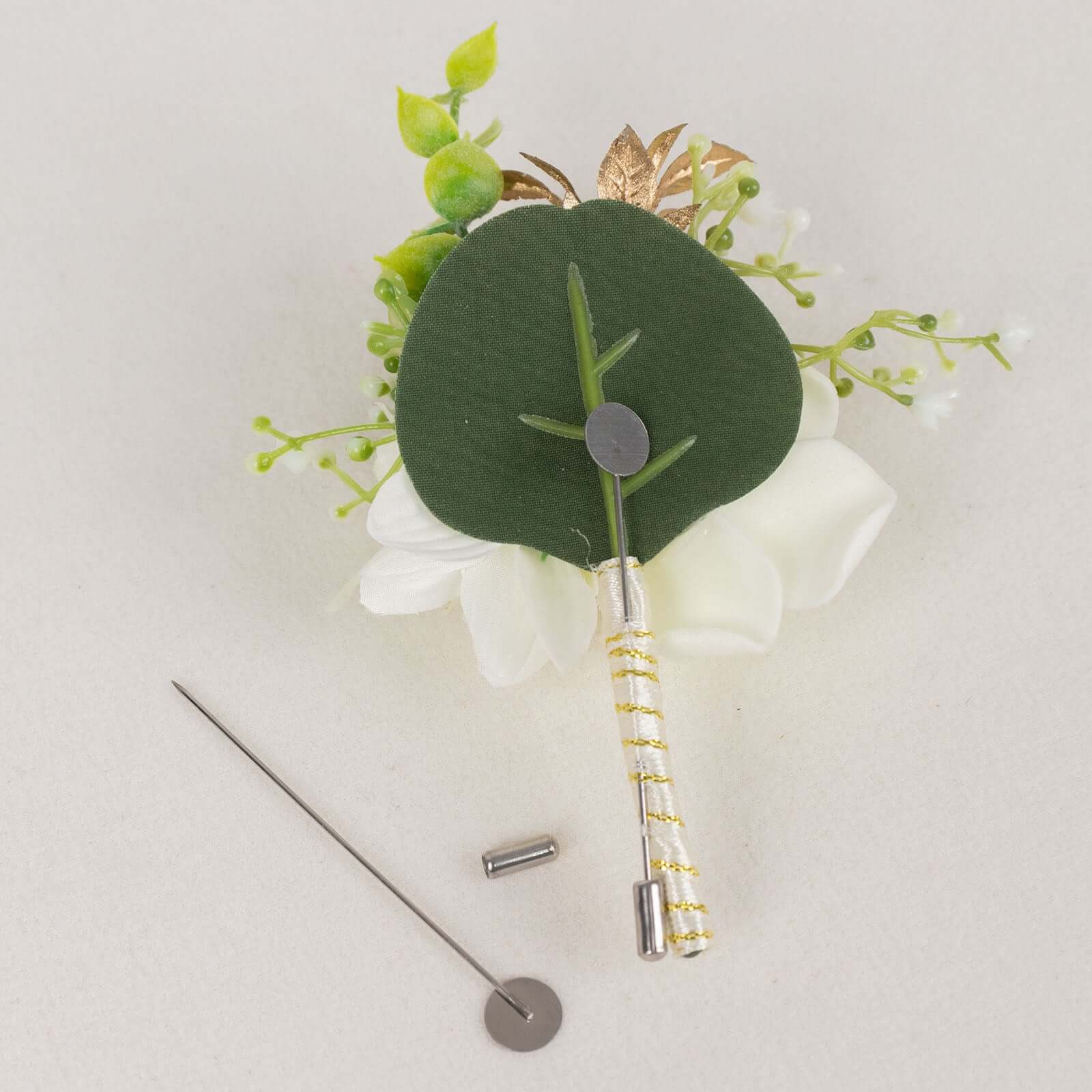 2 Pack White Artificial Rose Boutonniere With Pin, 5" Real Touch Silk Flower Pocket Square