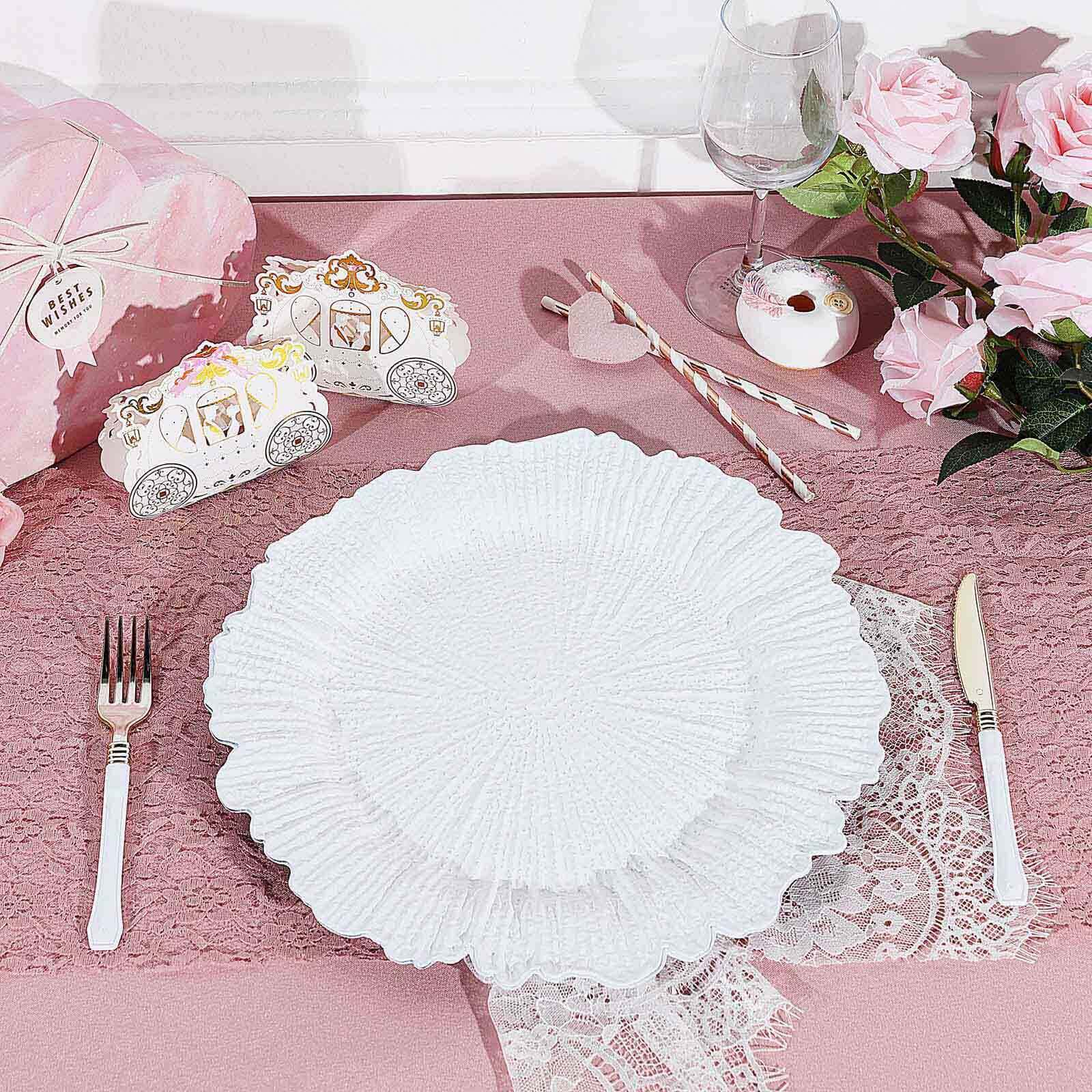6-Pack Acrylic Plastic Round Charger Plates 13" in White with Reef Design, Classy Dinner Party Charger Tableware