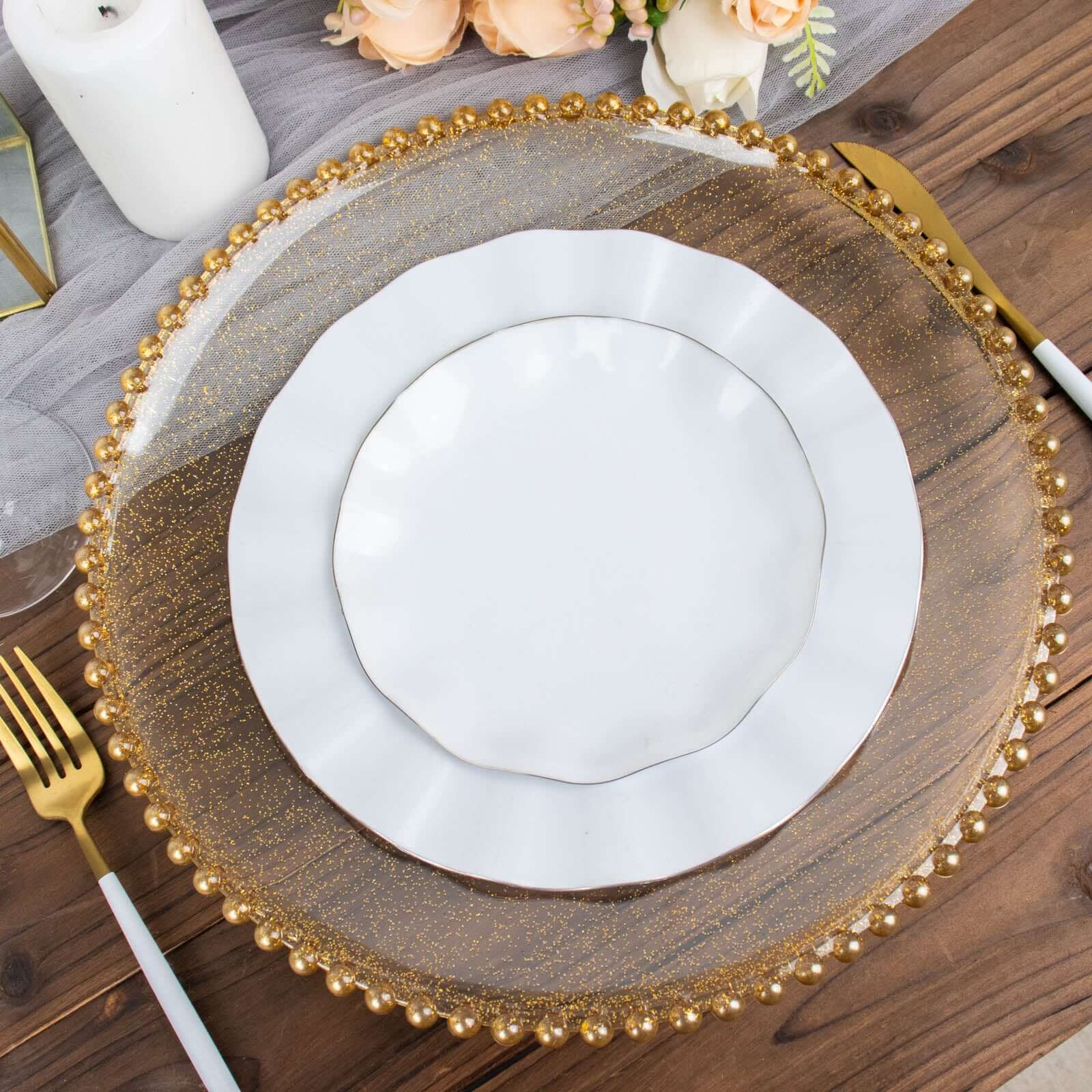 6-Pack Acrylic Round Charger Plates 13" in Clear Gold Glittered with Beaded Rim, Decorative Dinner Party Serving Plates