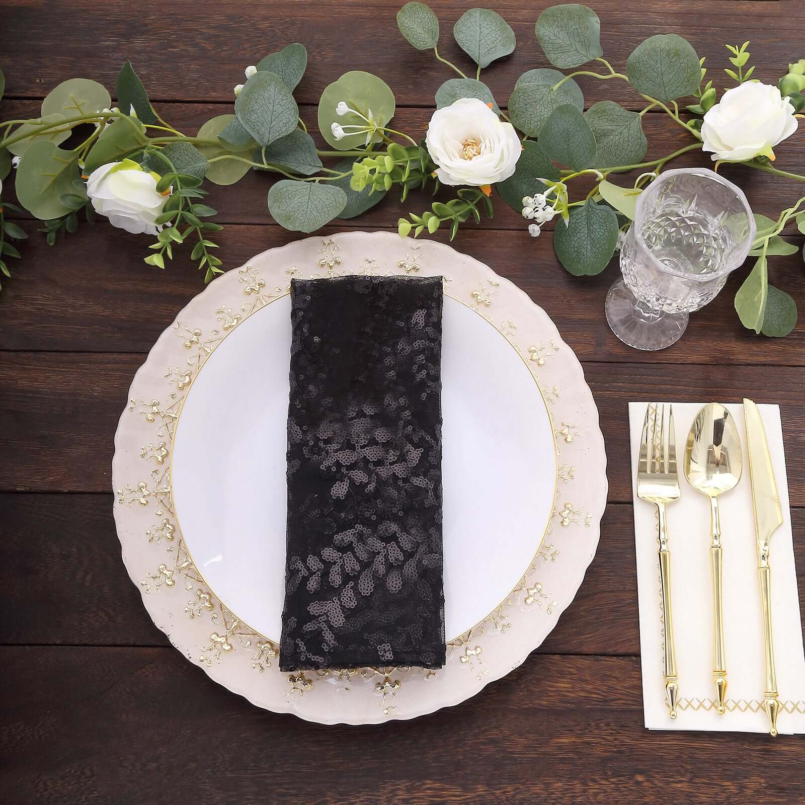 Sequin Tulle 20"x20" Napkin Black - Embroidered Leaf Vine Dinner Napkins
