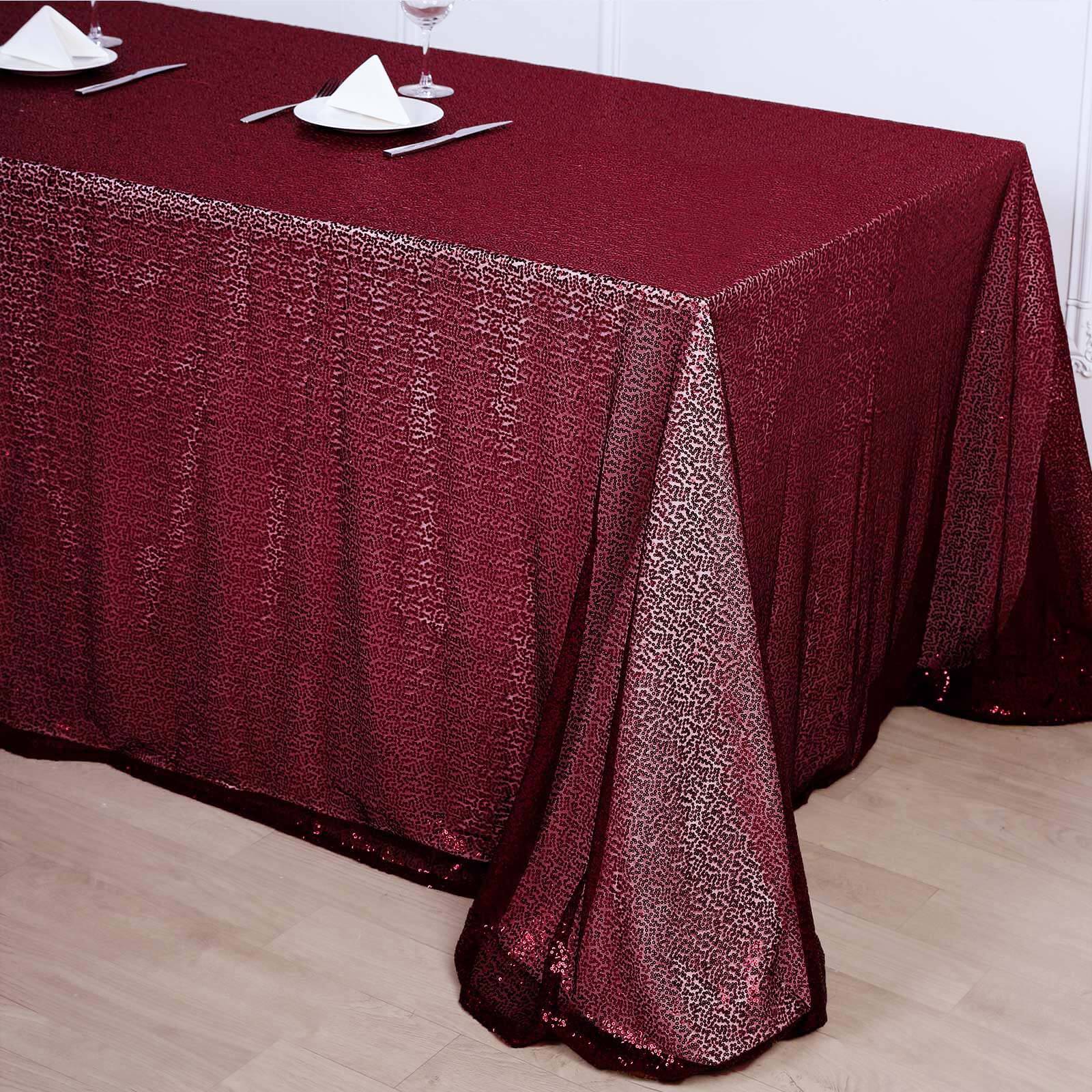90x156" Burgundy Seamless Sequin Rectangle Tablecloth for 8 Foot Table With Floor-Length Drop