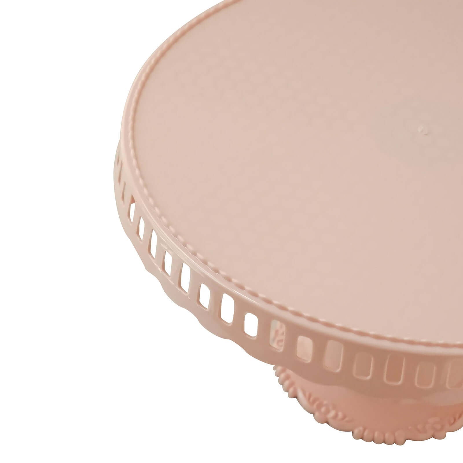 4-Pack Plastic Round Pedestal Cake Stands Blush - Reusable Cupcake Pastry Display Risers with Hollow Ribbon Trim Edges for Stylish Dessert Presentation 13"