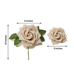 24 Roses 5" Champagne Artificial Foam Flowers With Stem Wire and Leaves