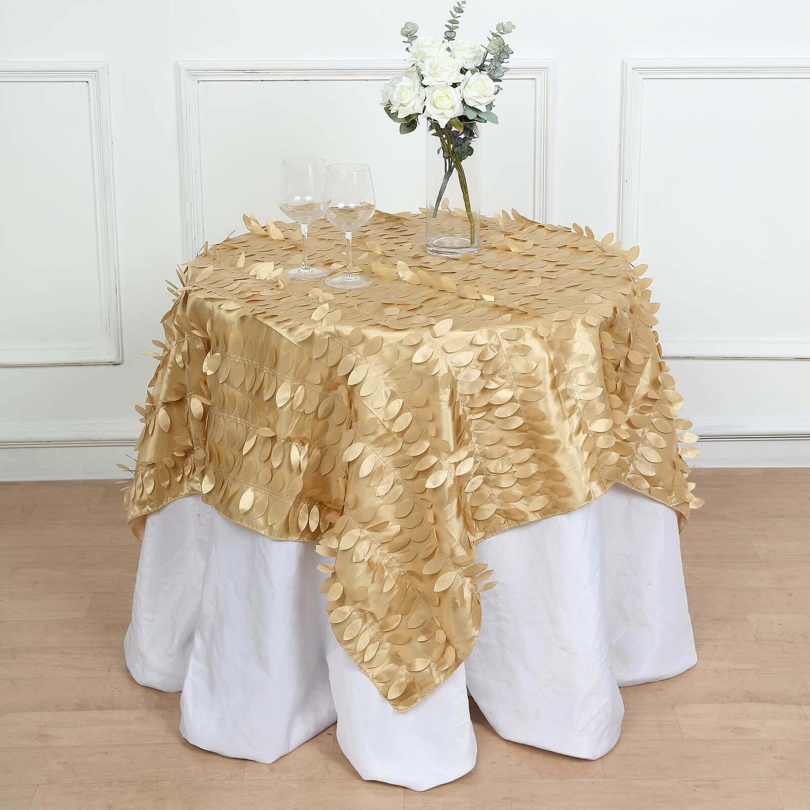 Taffeta 54"x54" Table Overlay Square Tablecloth Champagne 3D Leaf Petal Table Cover