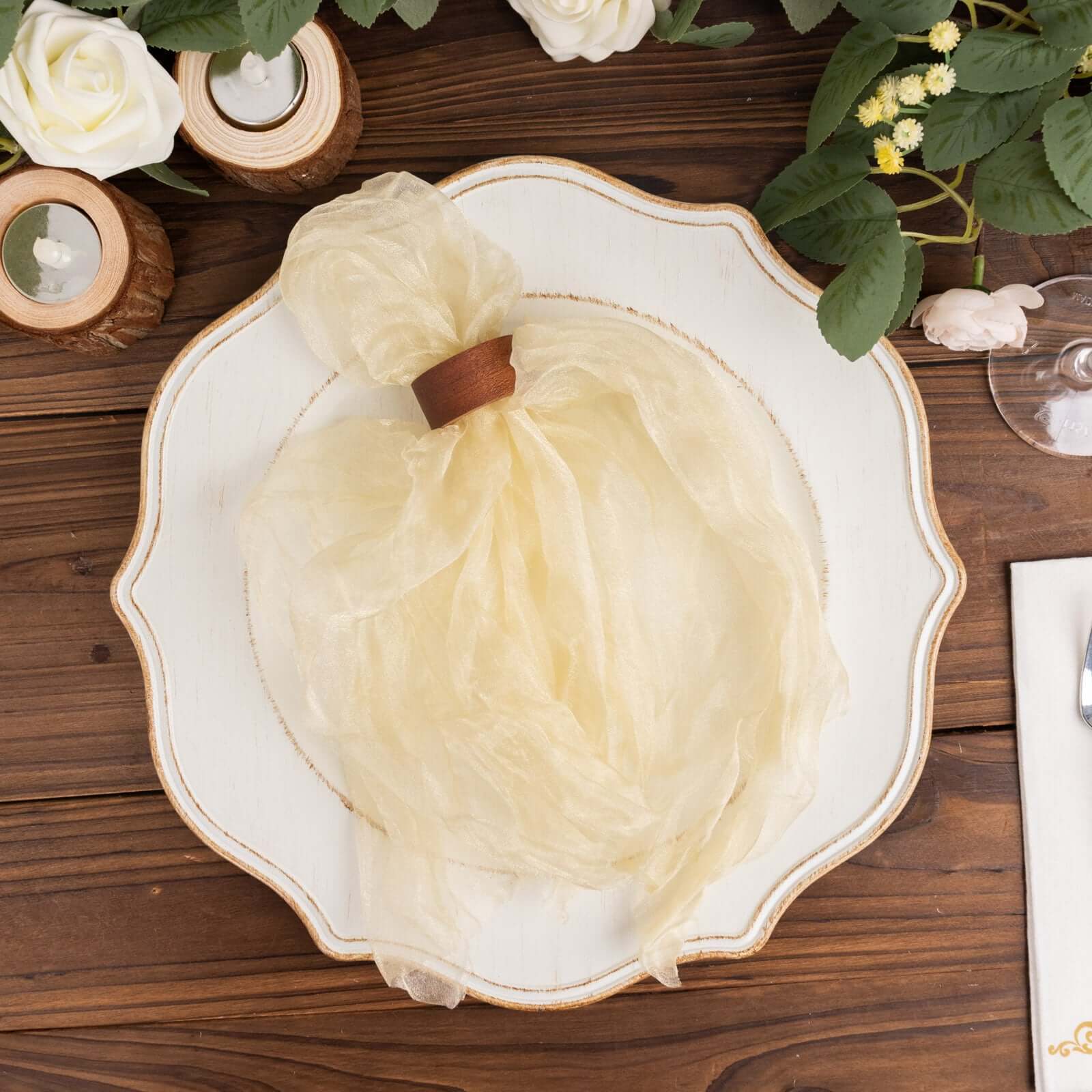 5 Pack Crinkled Organza 21"x21" Napkins Champagne - Rustic Style Dinner & Party Napkins