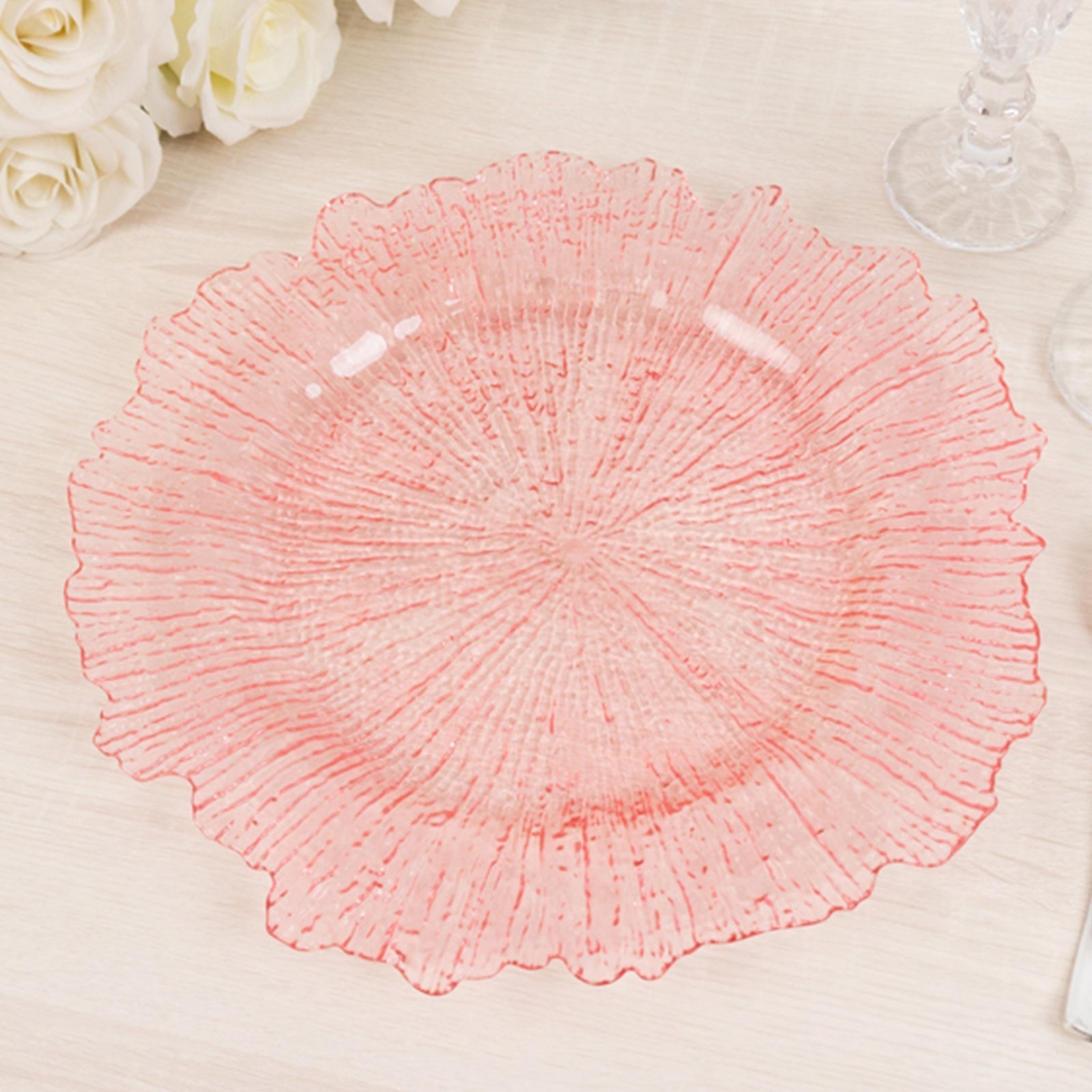 6-Pack Acrylic Plastic Round Charger Plates 13" in Transparent Blush with Reef Design, Dinner Charger Tableware