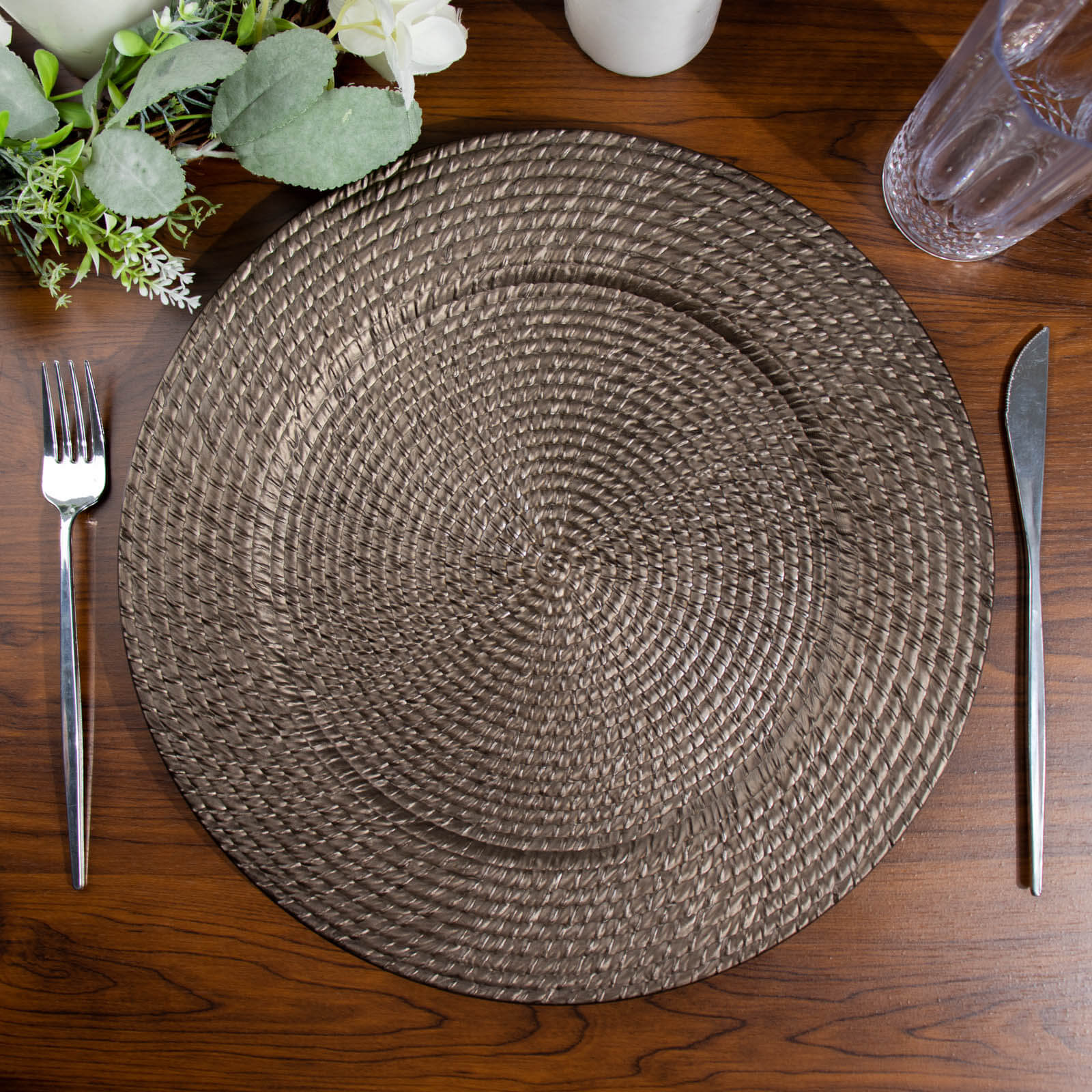 6-Pack Acrylic Round Charger Plates 13" in Natural Brown with Rattan-Like Design, Farmhouse Disposable Plastic Charger Tableware
