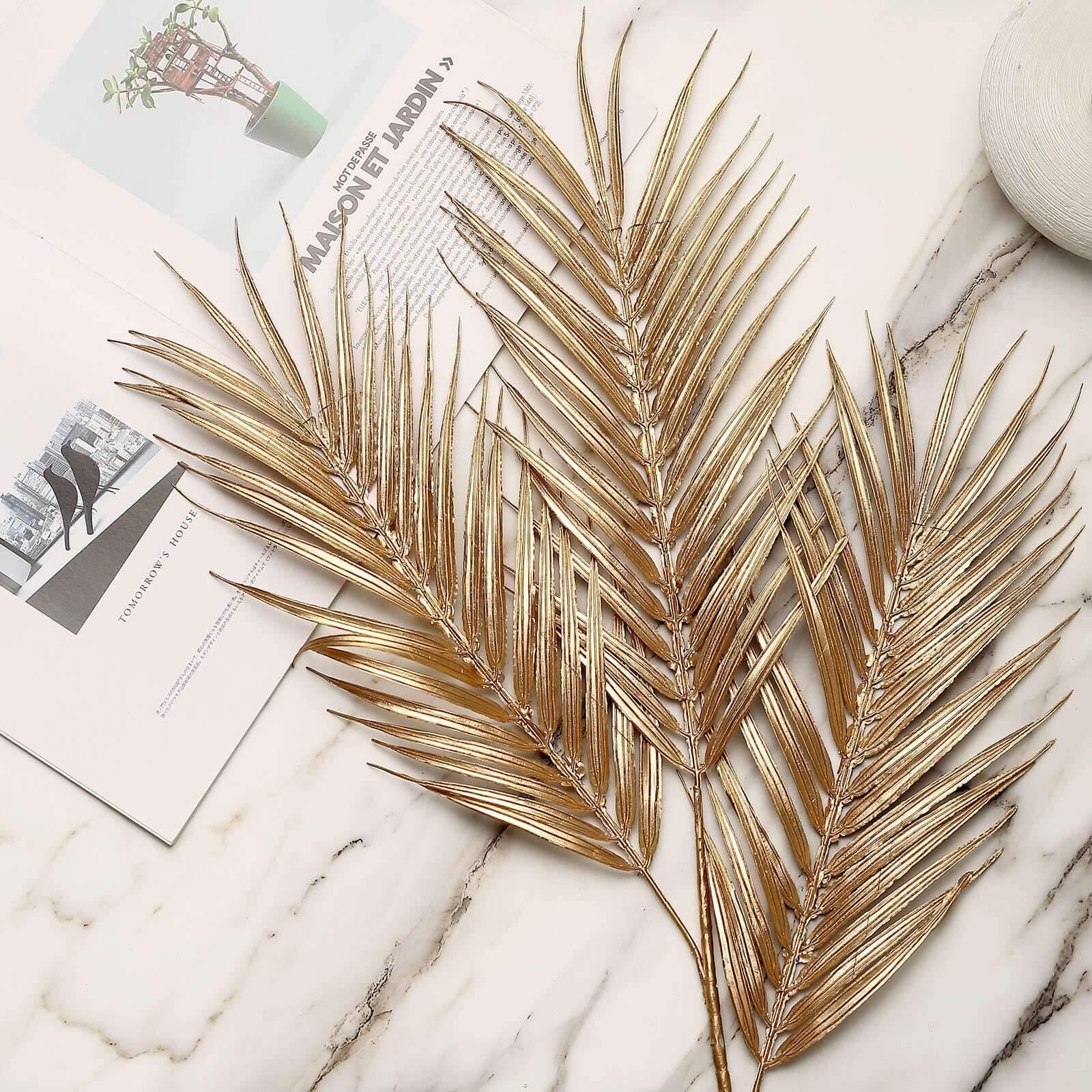 2 Stems Artificial Palm Leaf Branch Metallic Gold - Tropical Faux Stems Vase Filler Floral Backdrop Table Decor 32"