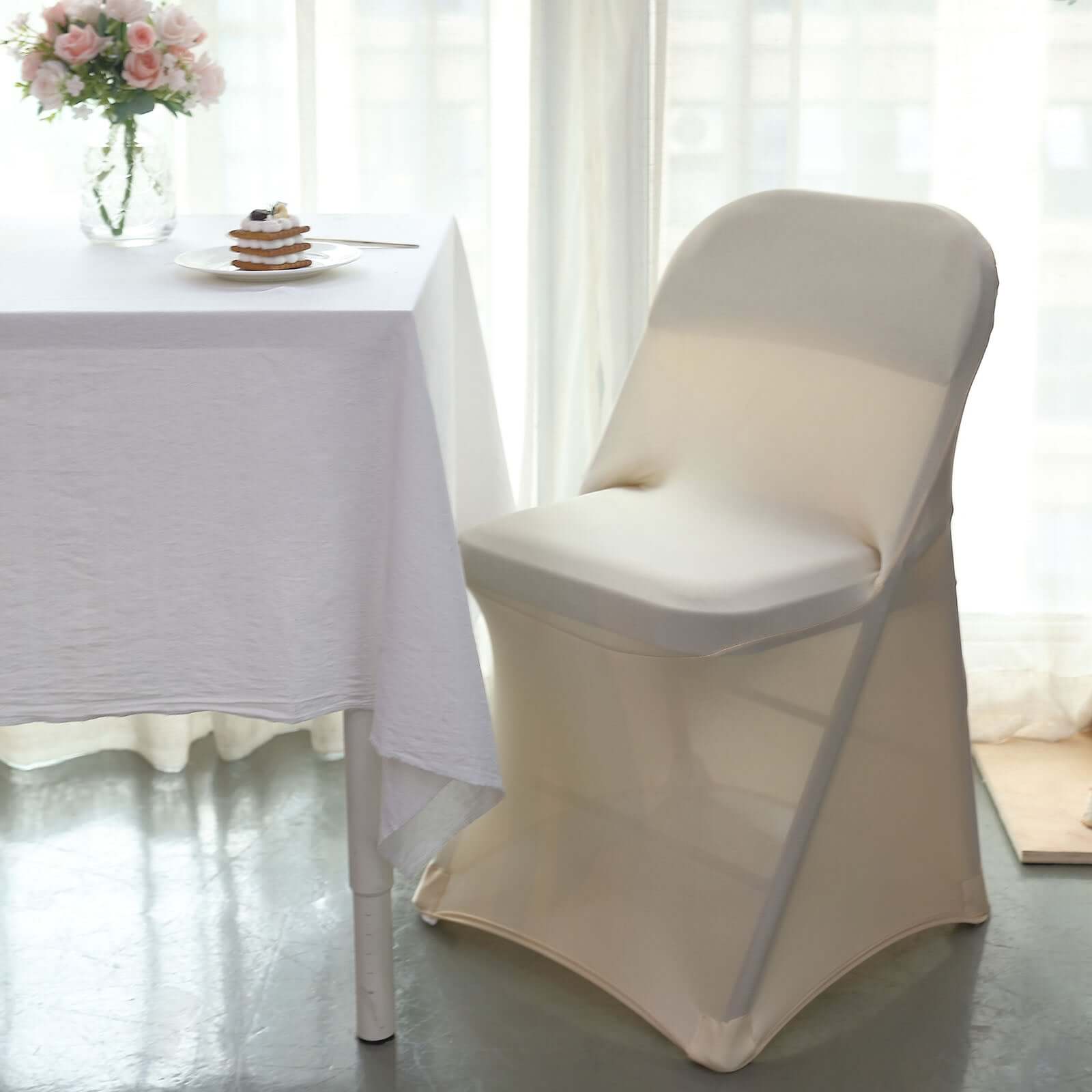 Stretch Spandex Chair Cover Beige for Folding Chairs - Reusable & Wrinkle-Resistant 160GSM Fitted Slipcover