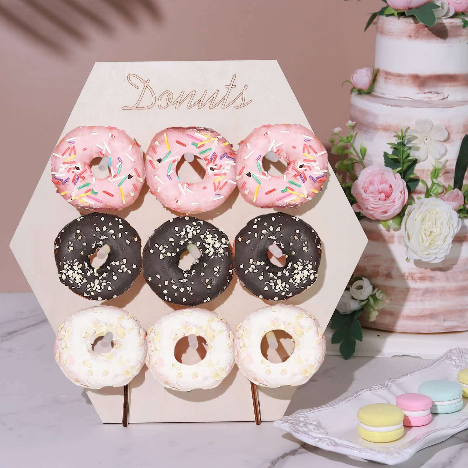 Wooden Hexagon Donut Wall Stand - Space Saving Detachable Rustic Chic Doughnut Pegboard Dessert Display Pretzel Bagel Holder 13"