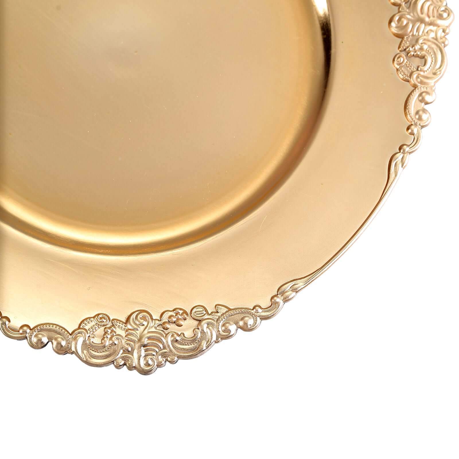 6-Pack Acrylic Round Charger Plates 13" in Gold with Embossed Baroque Rim, Antique Decorative Dinner Party Charger Tableware