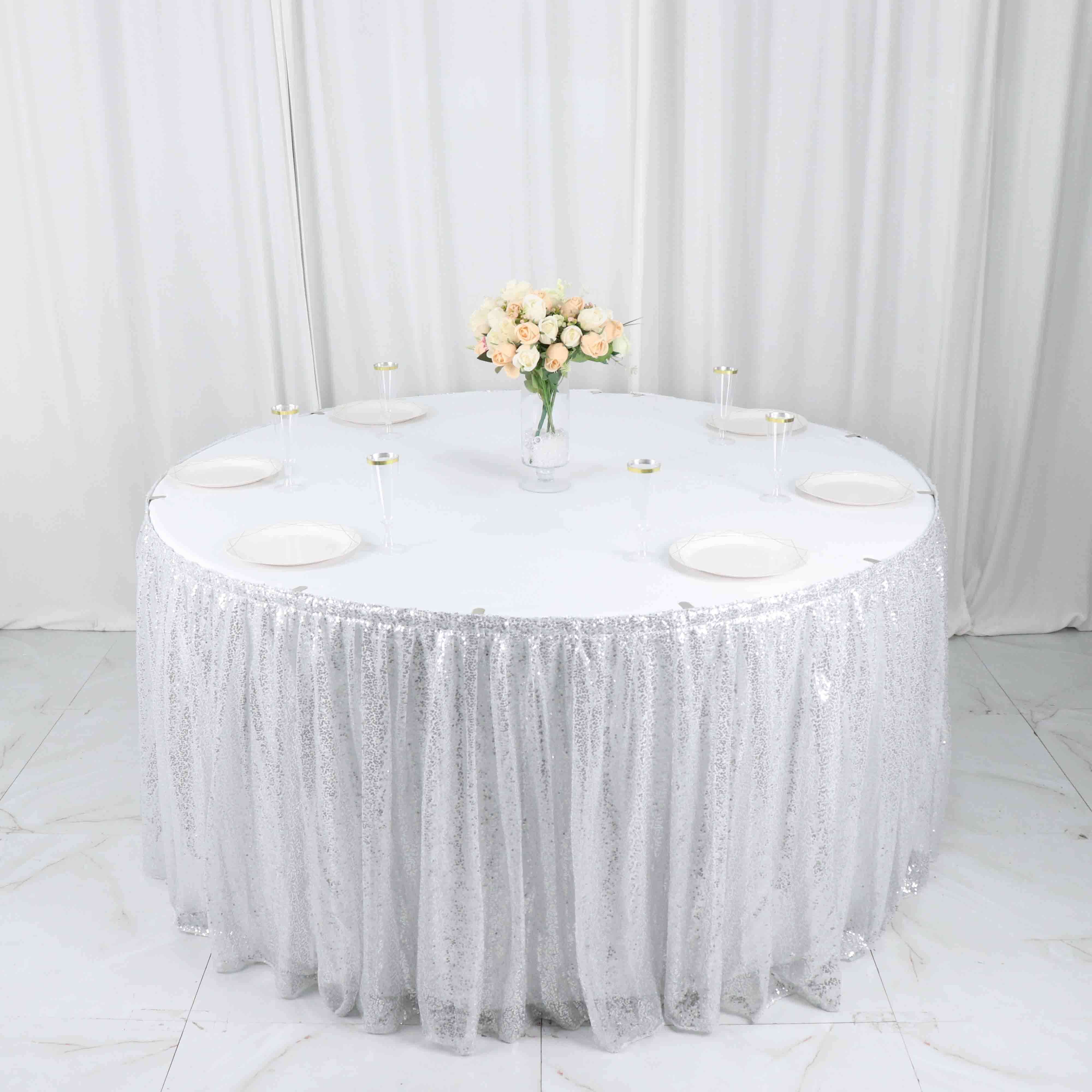 Sequin 17ft Table Skirt Silver Gold - Pleated Satin With Top Velcro Strip
