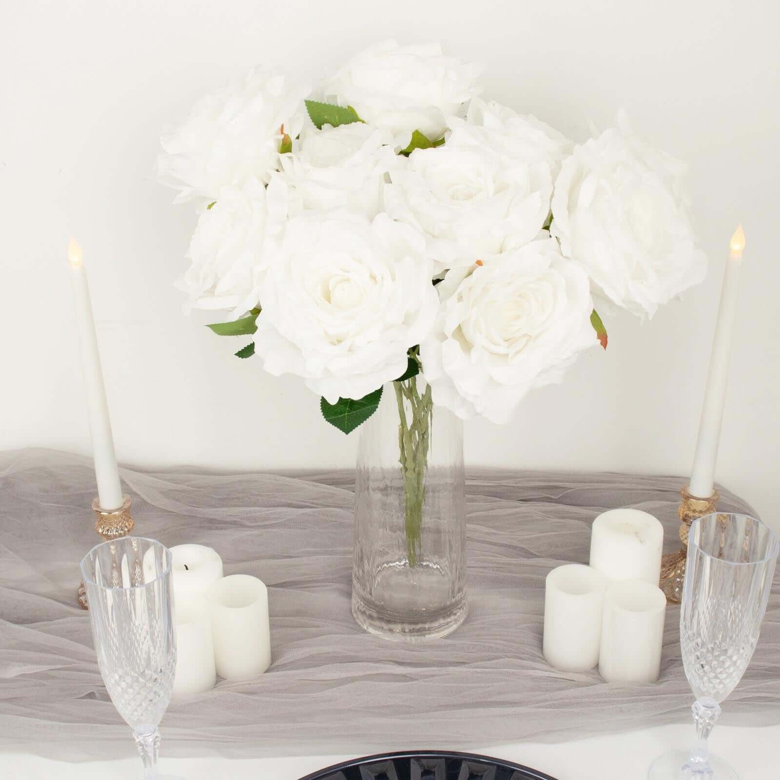 2 Bushes 17" White Premium Silk Jumbo Rose Flower Bouquet, High Quality Artificial Wedding Floral Arrangements